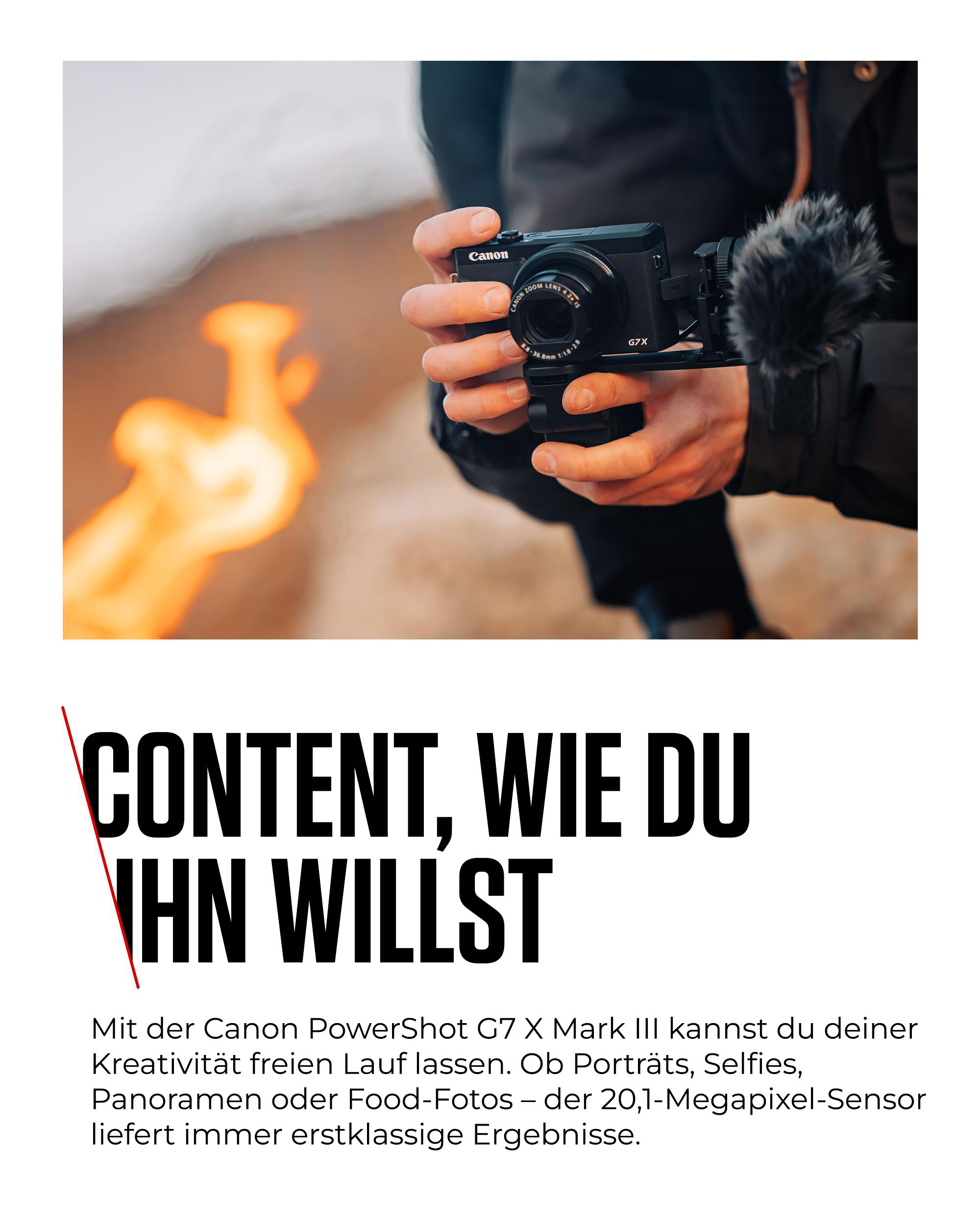 Eine Person hält eine Canon G7 X Mark III Kamera mit Mikrofon. Text lautet "CONTENT, WIE DU IHN WILLST".