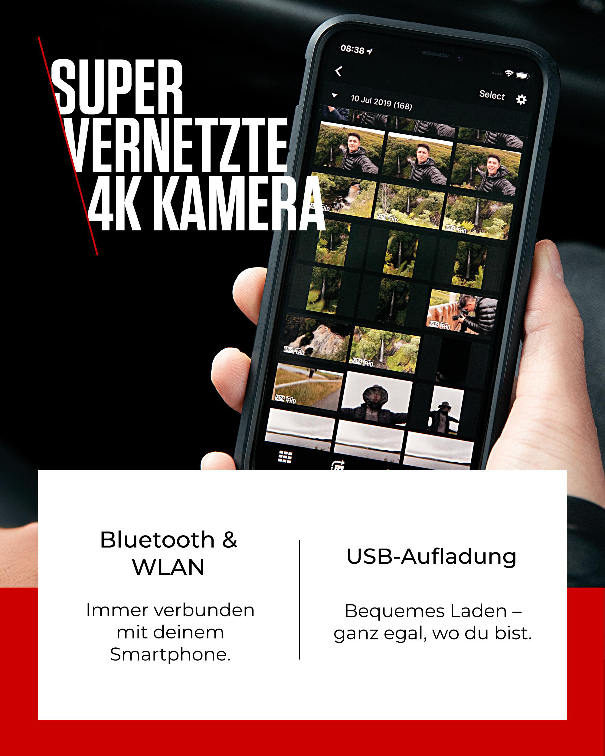 Eine Hand hält ein Telefon mit Fotos. Der Text lautet: 'SUPER VERNETZTE 4K KAMERA' und 'Bluetooth & WLAN'.