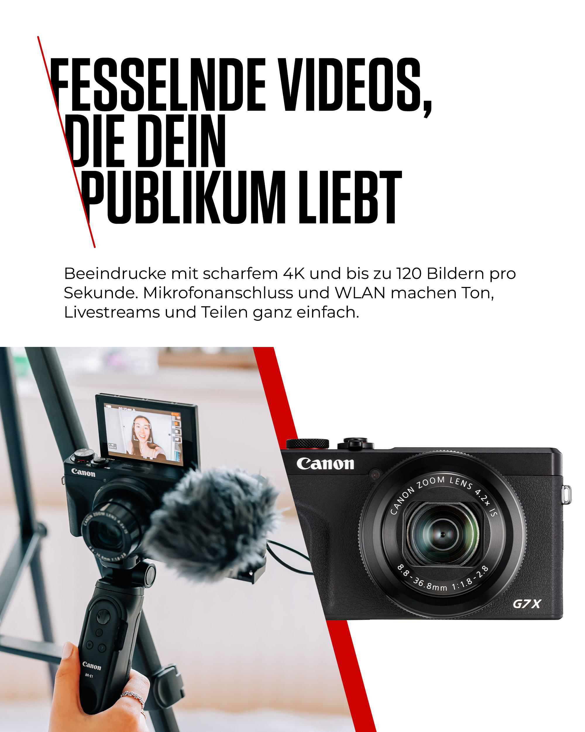 Eine schwarze Canon-Kamera mit Mikrofon, Stativ und Bildschirm, der eine Frau zeigt, mit deutschem Text.
