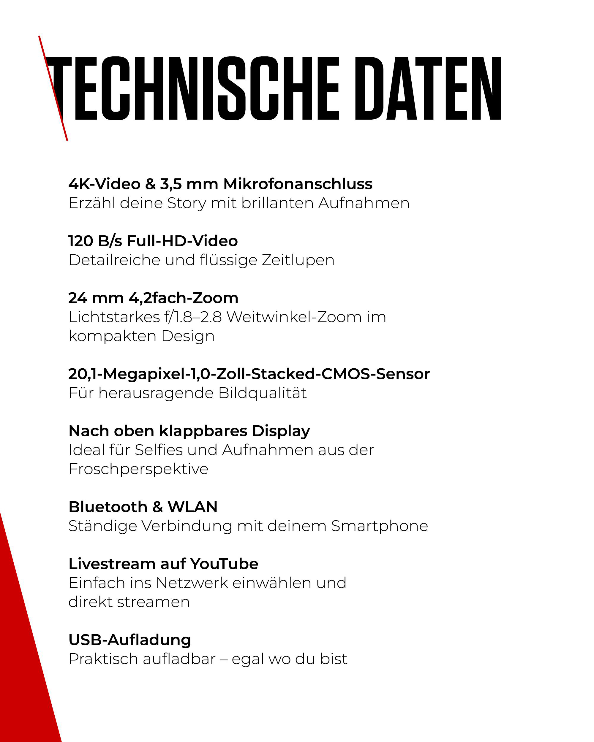 Weißer Hintergrund mit schwarzem Text, der technische Spezifikationen auflistet. Rote vertikale Linie links. Text enthält Funktionen.