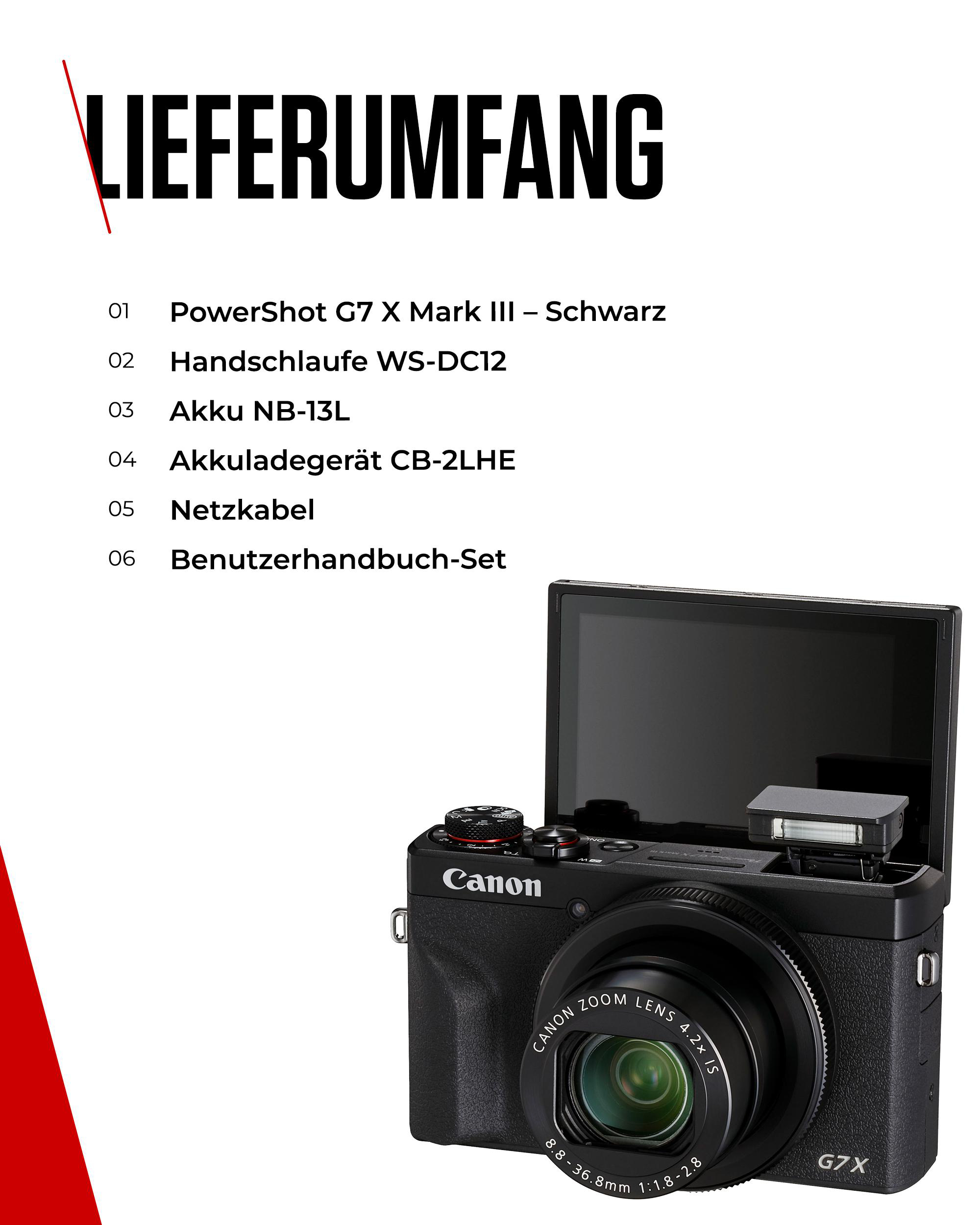 Eine schwarze Canon-Kamera mit Zoomobjektiv und einer Liste der enthaltenen Artikel auf weißem Hintergrund.