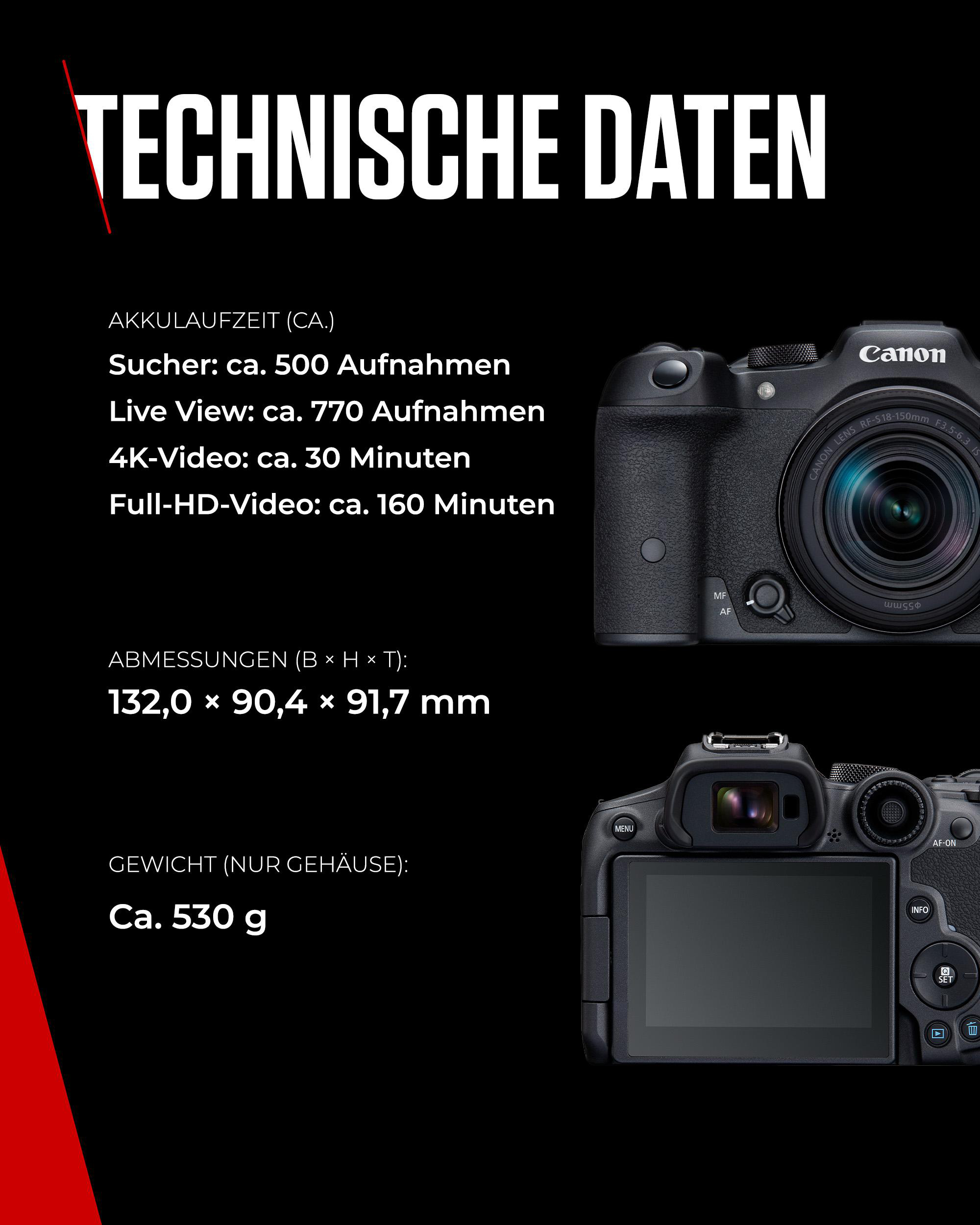 Eine schwarze Canon-Kamera mit Objektiv, Spezifikationen zur Akkulaufzeit und Abmessungen, mit einem roten und schwarzen Hintergrund.