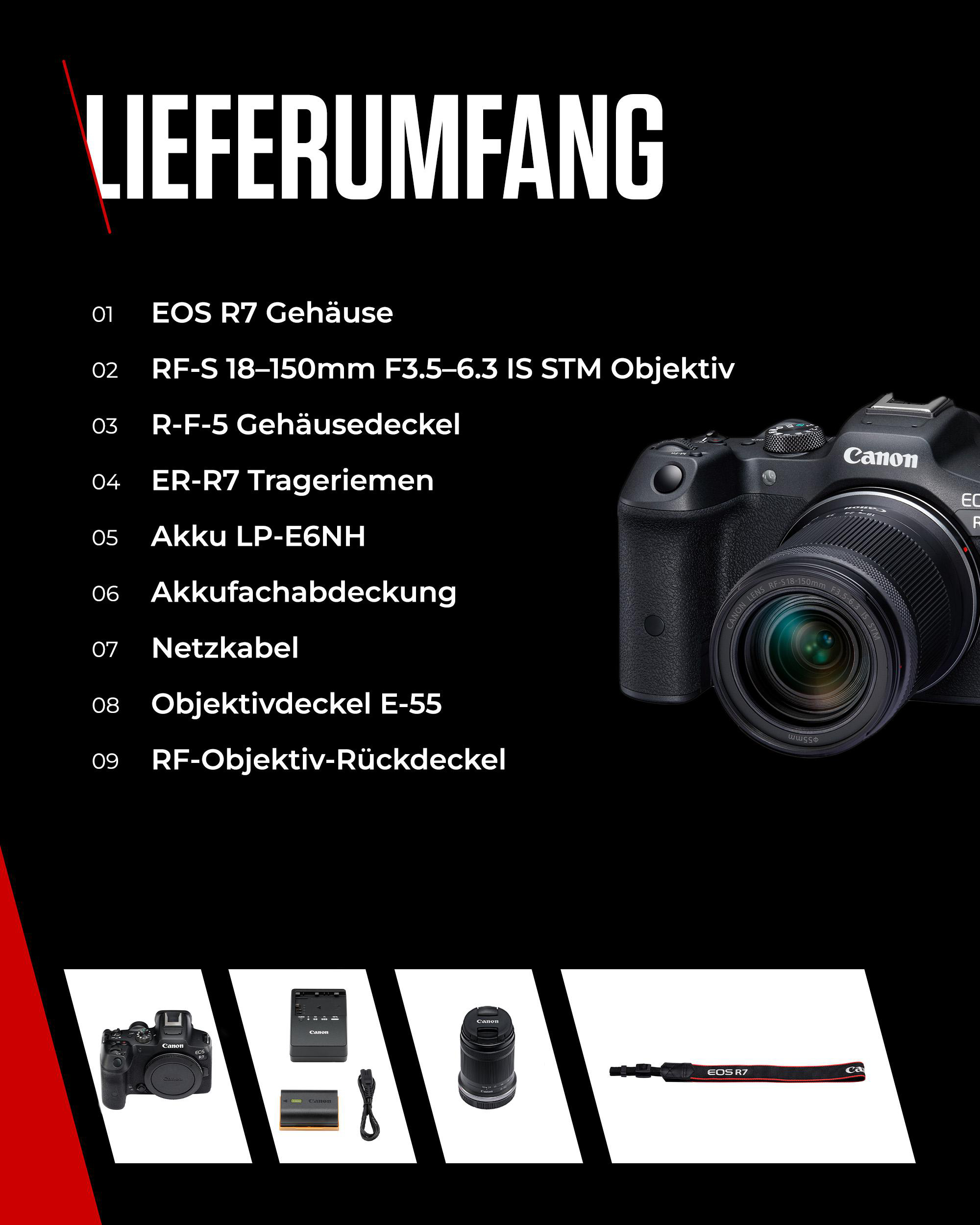Eine Canon EOS R7 Kamera mit Objektiv, Zubehör und eine Liste der enthaltenen Artikel auf schwarzem Hintergrund.