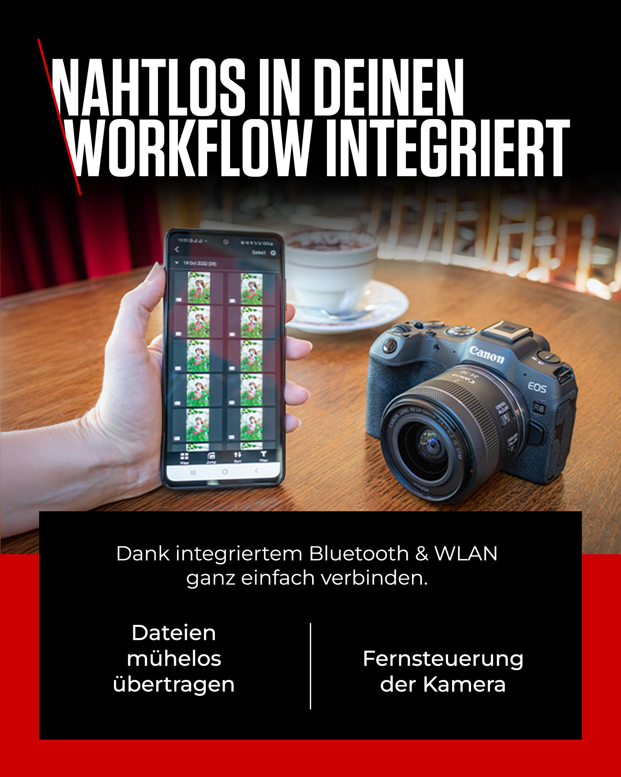 Handy mit Fotos, Canon Kamera auf dem Tisch. Text: Nahtlos in den Workflow integriert.