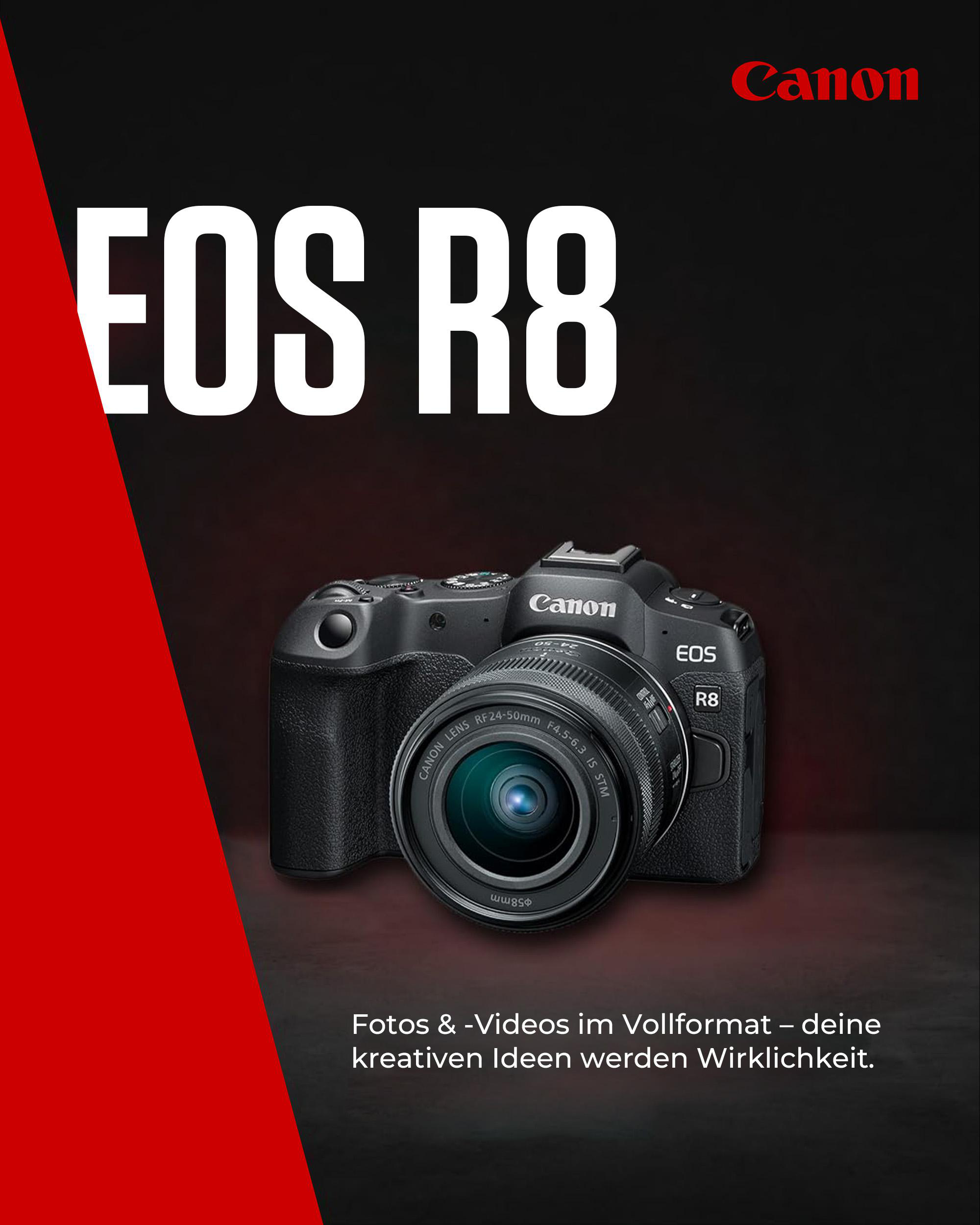 Canon EOS R8 Kamera auf schwarzem Hintergrund. Roter Akzent links. Text: Fotos & -Videos im Vollformat.