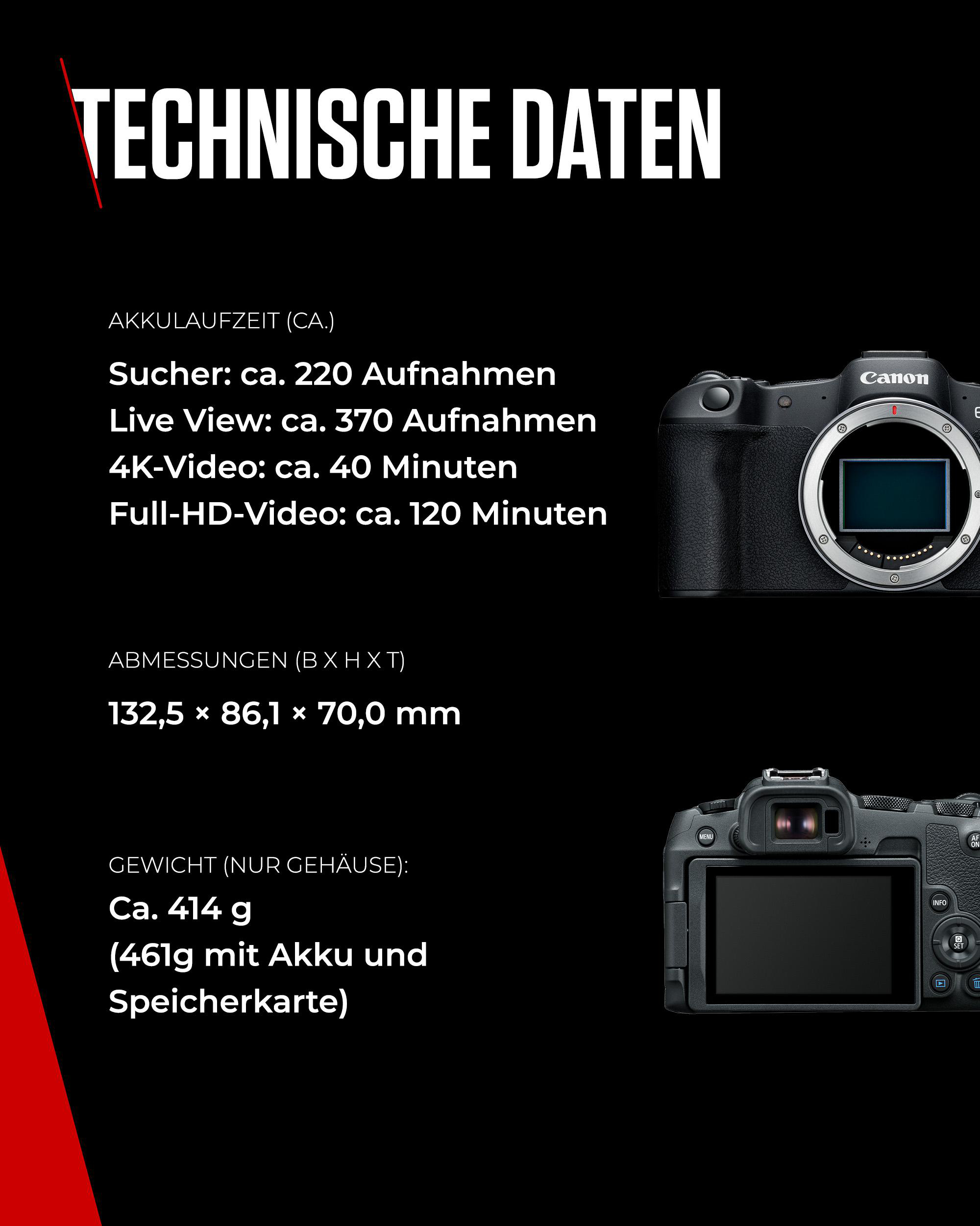 Schwarzer Hintergrund mit weißem Text. Details zu Akkulaufzeit, Abmessungen und Gewicht einer Kamera.