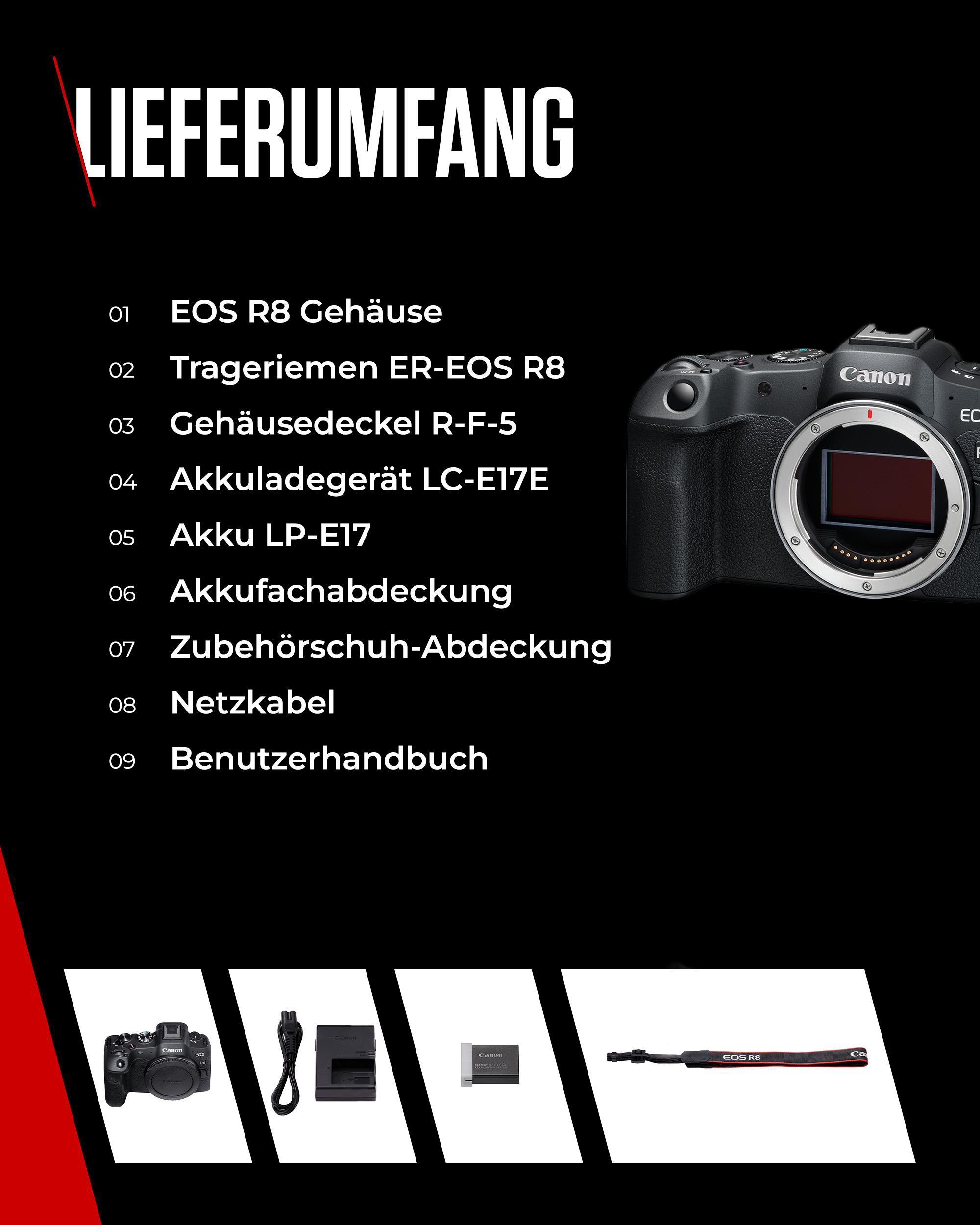 Das Bild zeigt eine Canon EOS R8 Kamera und Zubehör auf schwarzem Hintergrund. Text listet die im Paket enthaltenen Artikel auf.