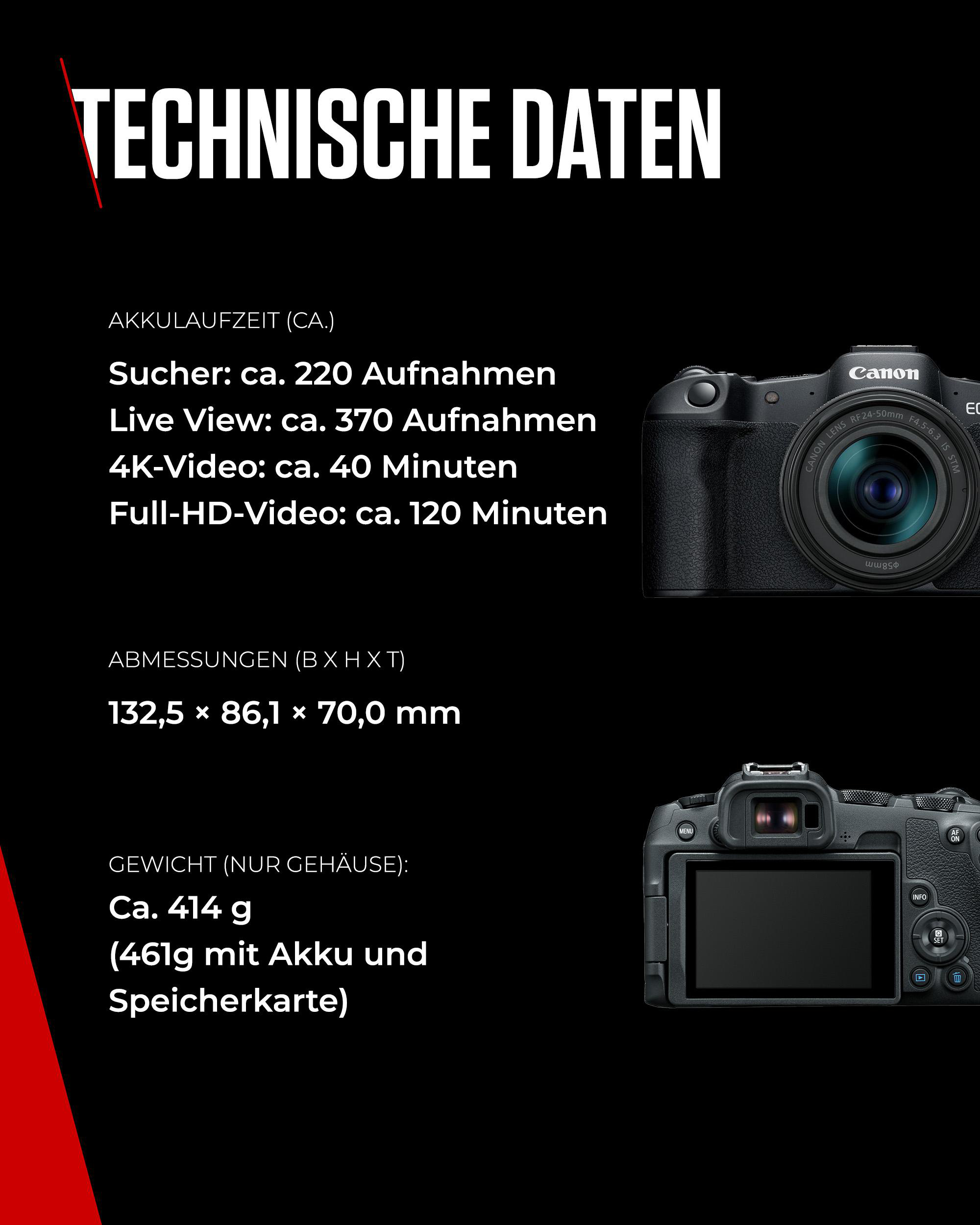 Schwarze Kamera mit Objektiv, technische Daten auf schwarzem Hintergrund. Akkulaufzeit und Abmessungen sind gelistet.
