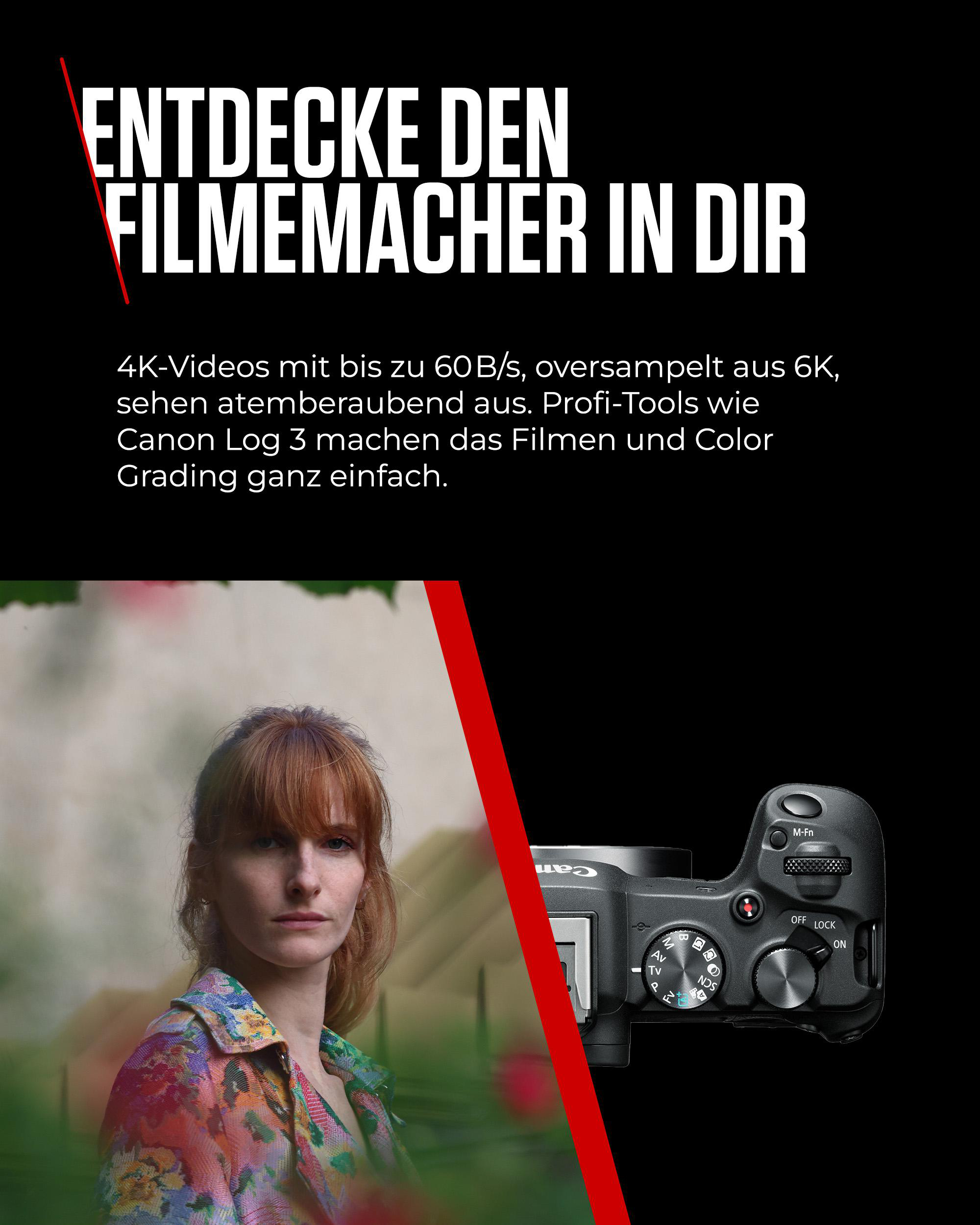 Eine Frau, Kamera und Text auf schwarzem Hintergrund. Der Text lautet: 'Entdecke den Filmemacher in dir'.