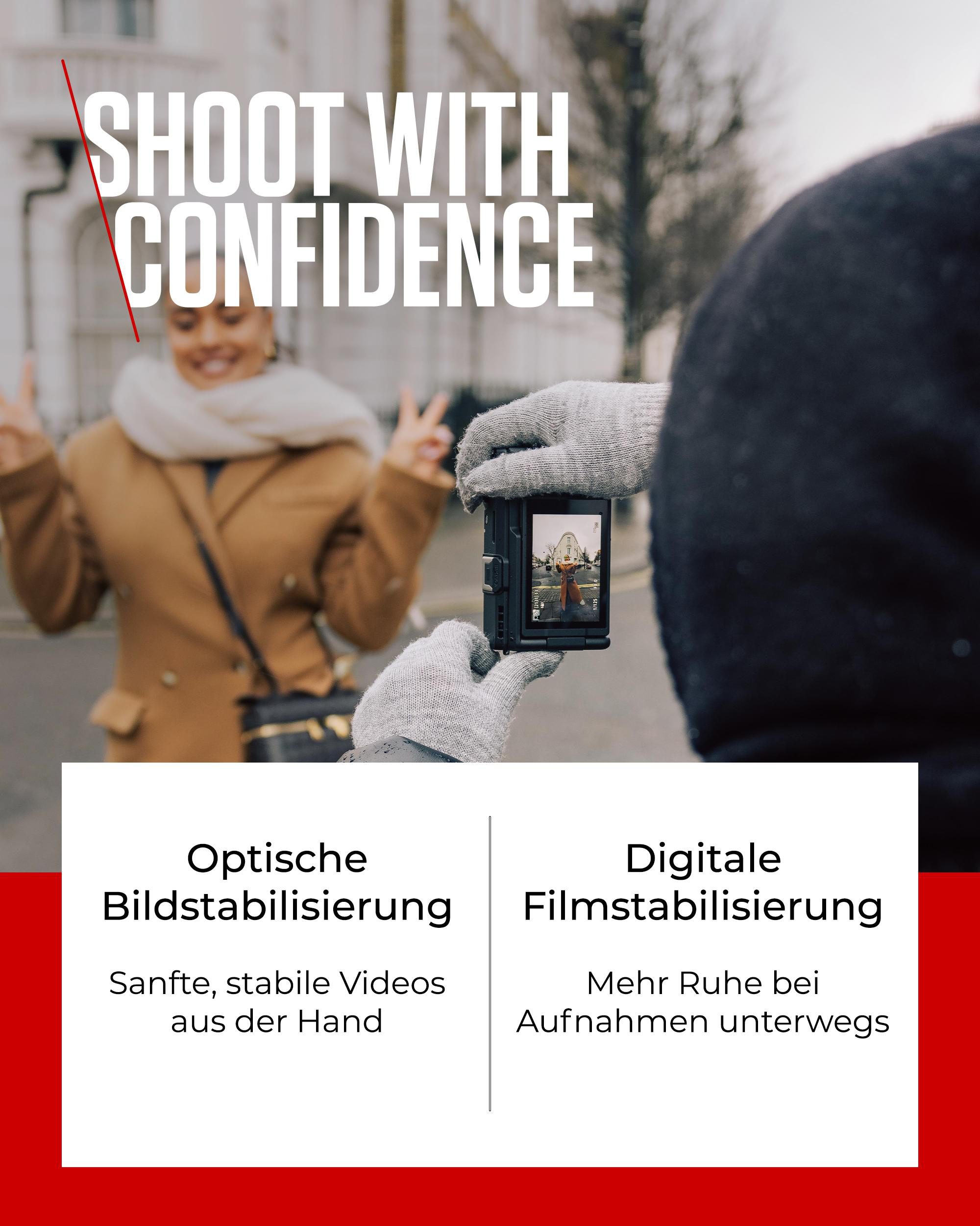 Eine Person hält eine Kamera, die eine andere Person beim Posen fotografiert. Text: Mit Zuversicht fotografieren.