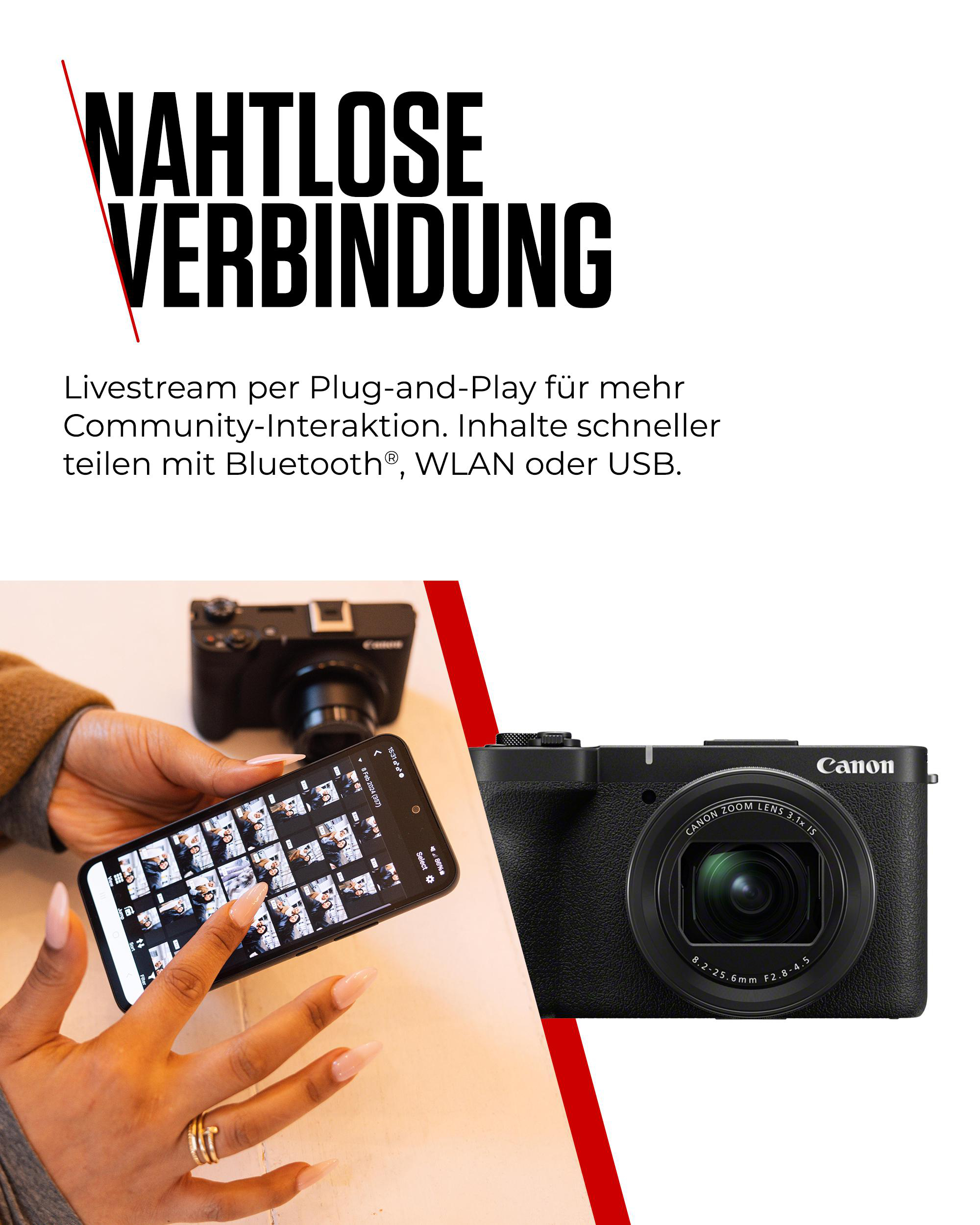 Eine Person hält ein Telefon mit Fotos einer Kamera. Rechts ist eine schwarze Kamera, im Hintergrund ist eine Kamera zu sehen.