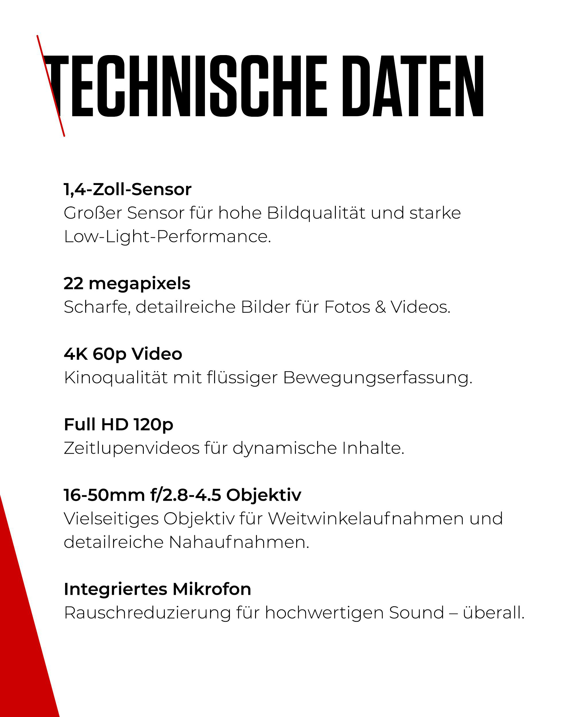 Weißer Hintergrund mit schwarzem Text: Technische Daten. Enthält Sensor, Megapixel, Video und Objektivdetails.