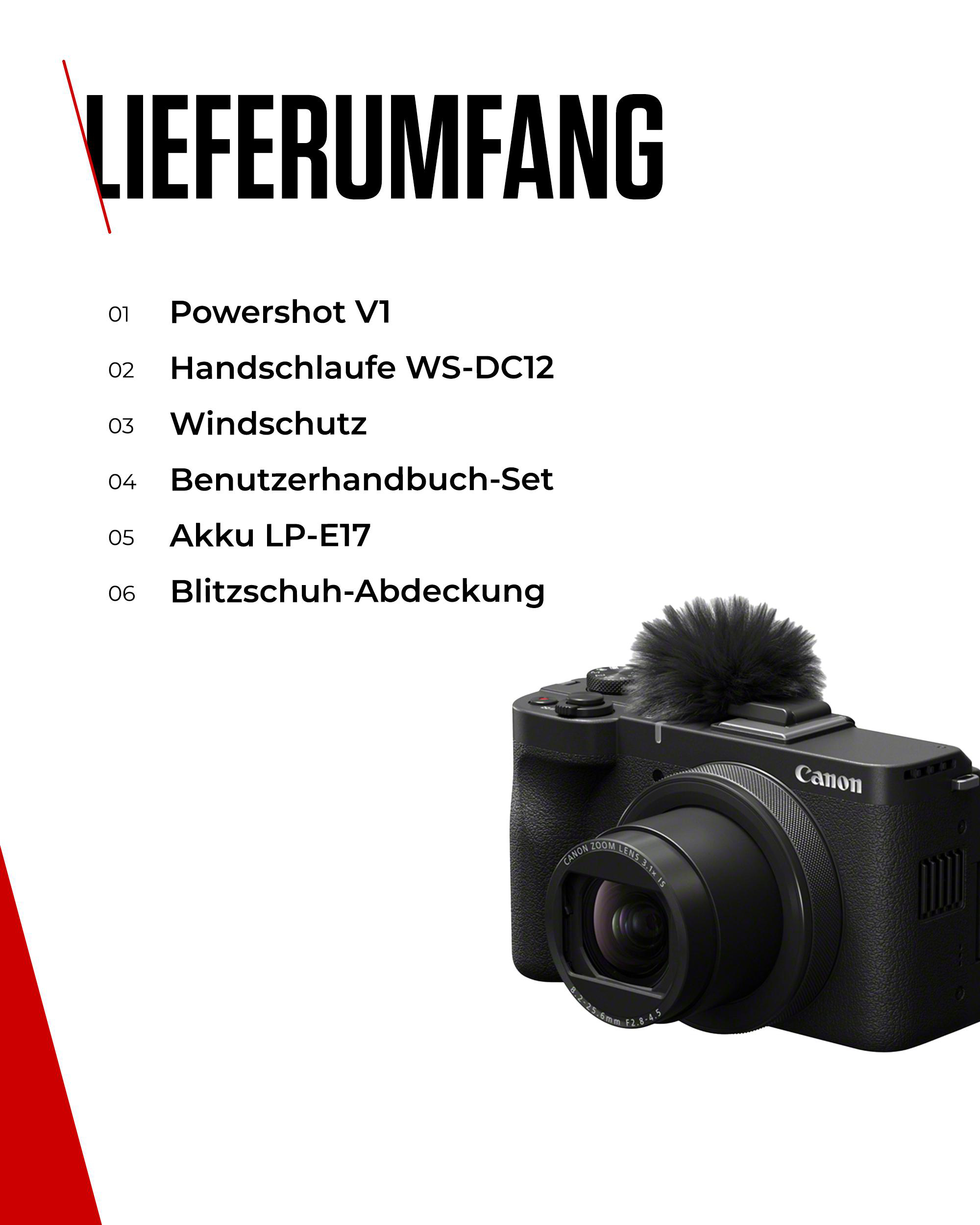 Bild zeigt eine Canon-Kamera mit Zubehör. Text listet Kamera, Handschlaufe und Windschutz auf.