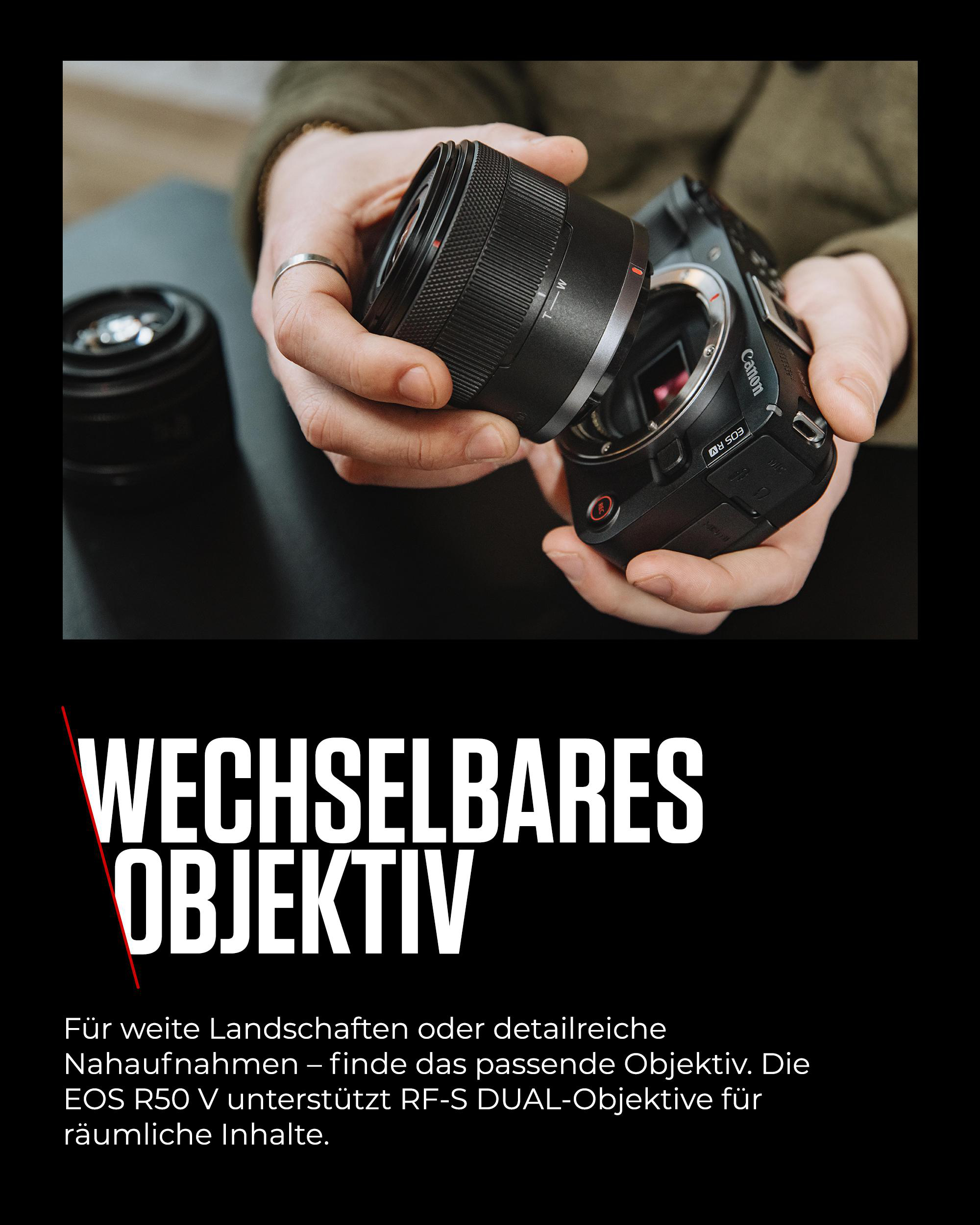Eine Person hält ein Kameraobjektiv und einen Kamerabody. Das Objektiv ist schwarz und die Kamera ist schwarz mit dem Canon-Logo.