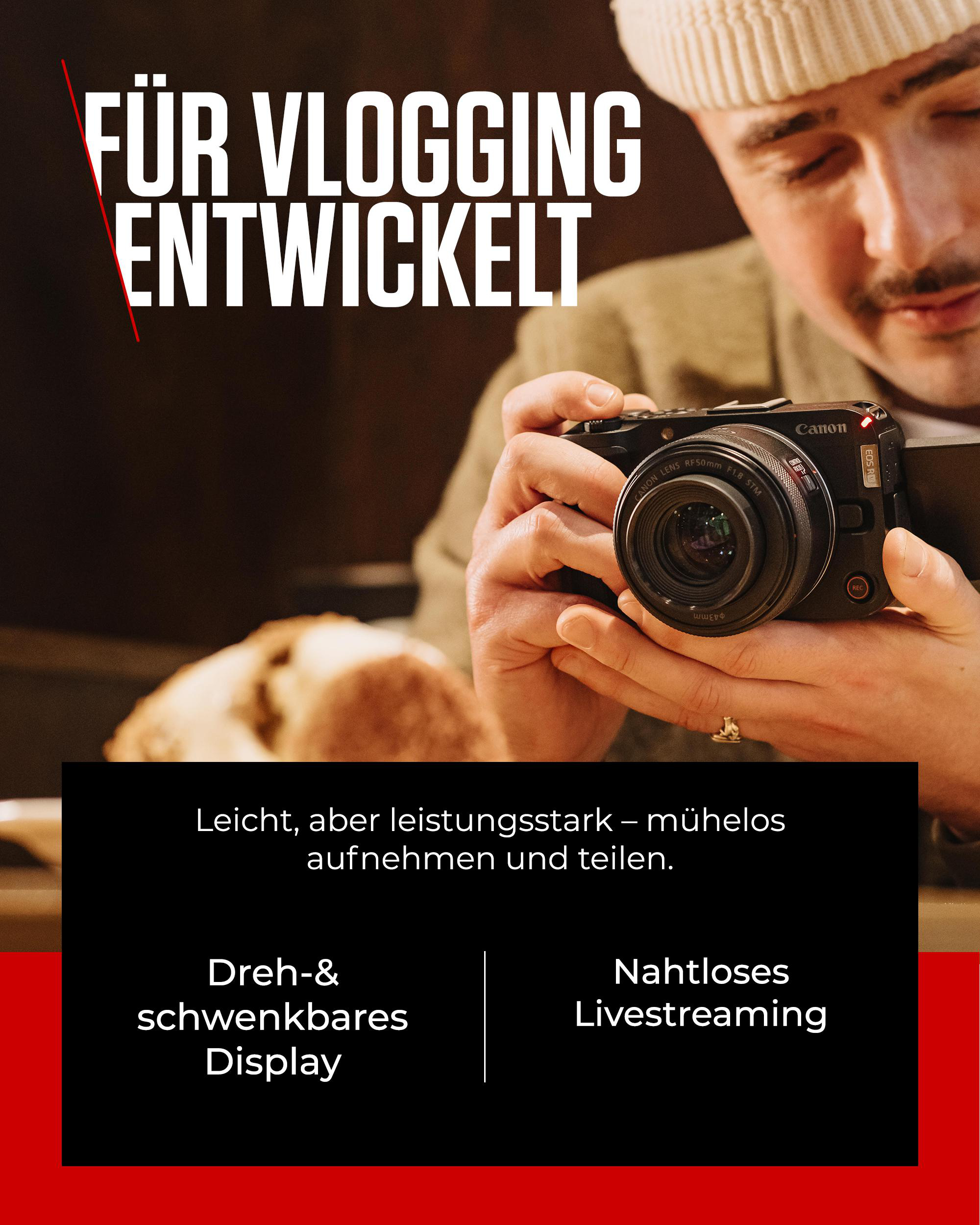Eine Person hält eine Canon-Kamera. Text sagt 'Für Vlogging Entwickelt'. Die Kamera hat ein Objektiv mit 'RF50mm F1.8 STM'.