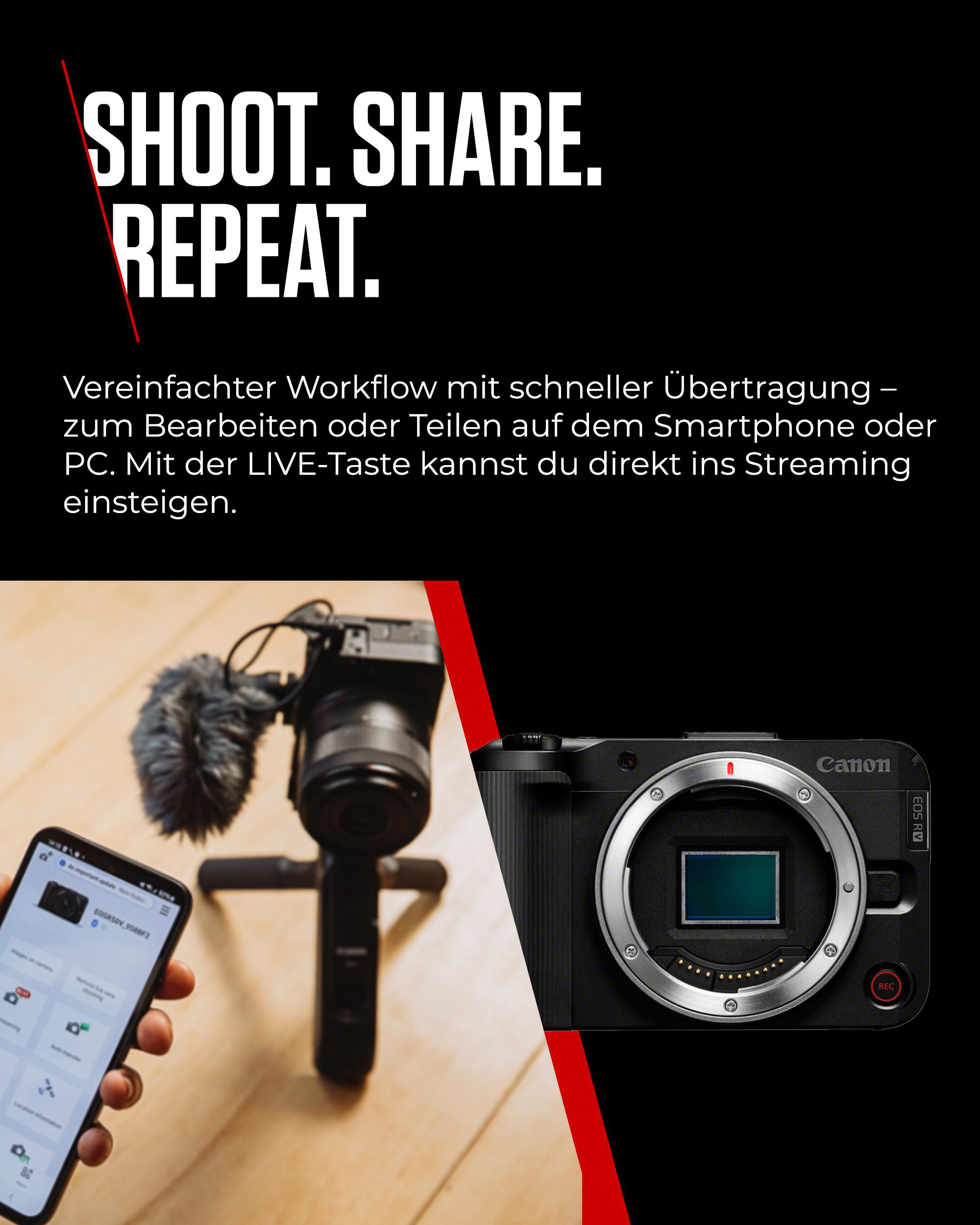 Bild zeigt eine Kamera mit Telefon, das eine App anzeigt, neben einer Canon-Kamera mit dem Wort 'REC'.