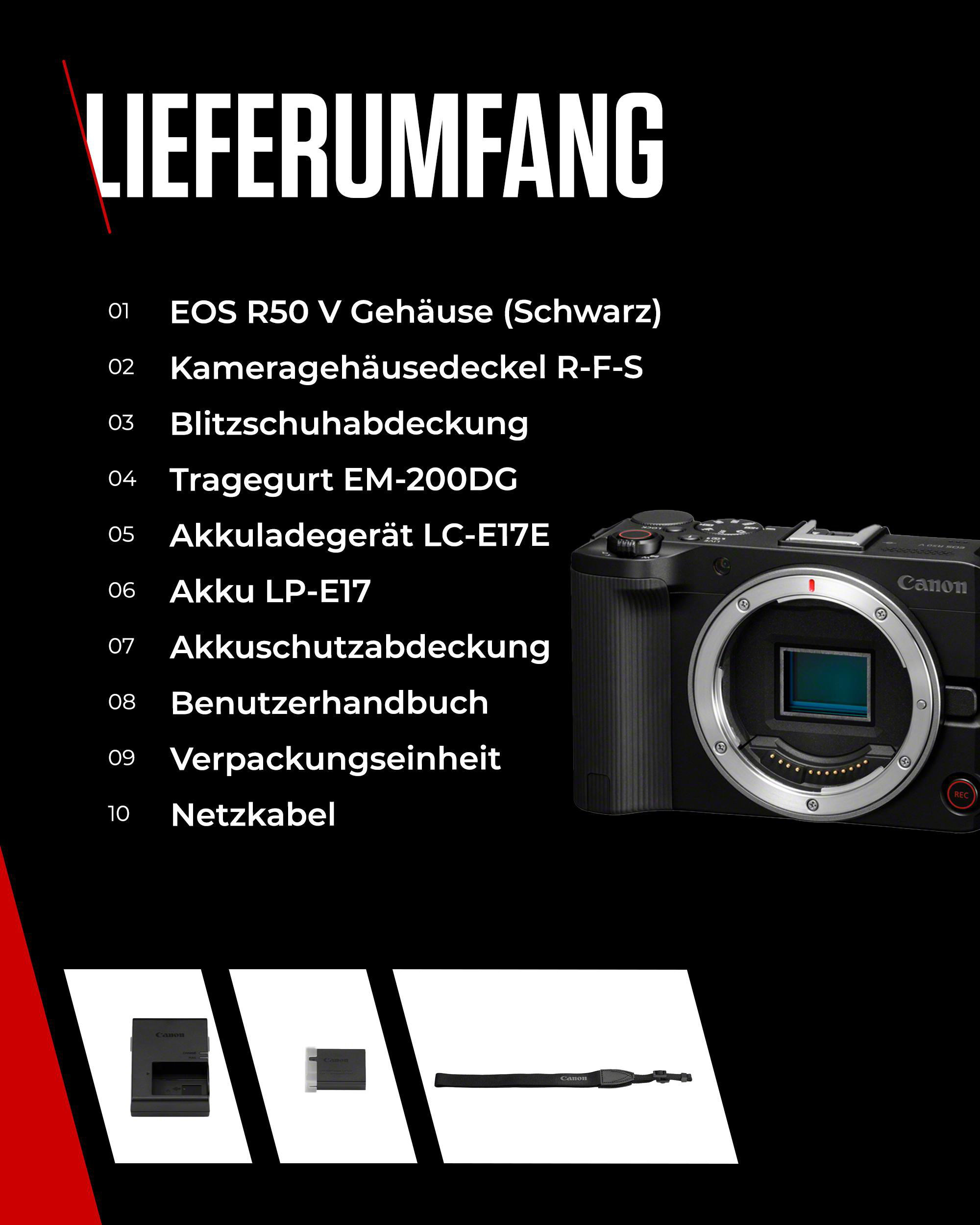Eine schwarze Canon-Kamera mit Zubehör, darunter ein Ladegerät, ein Akku und ein Riemen, werden vor einem schwarzen Hintergrund gezeigt.