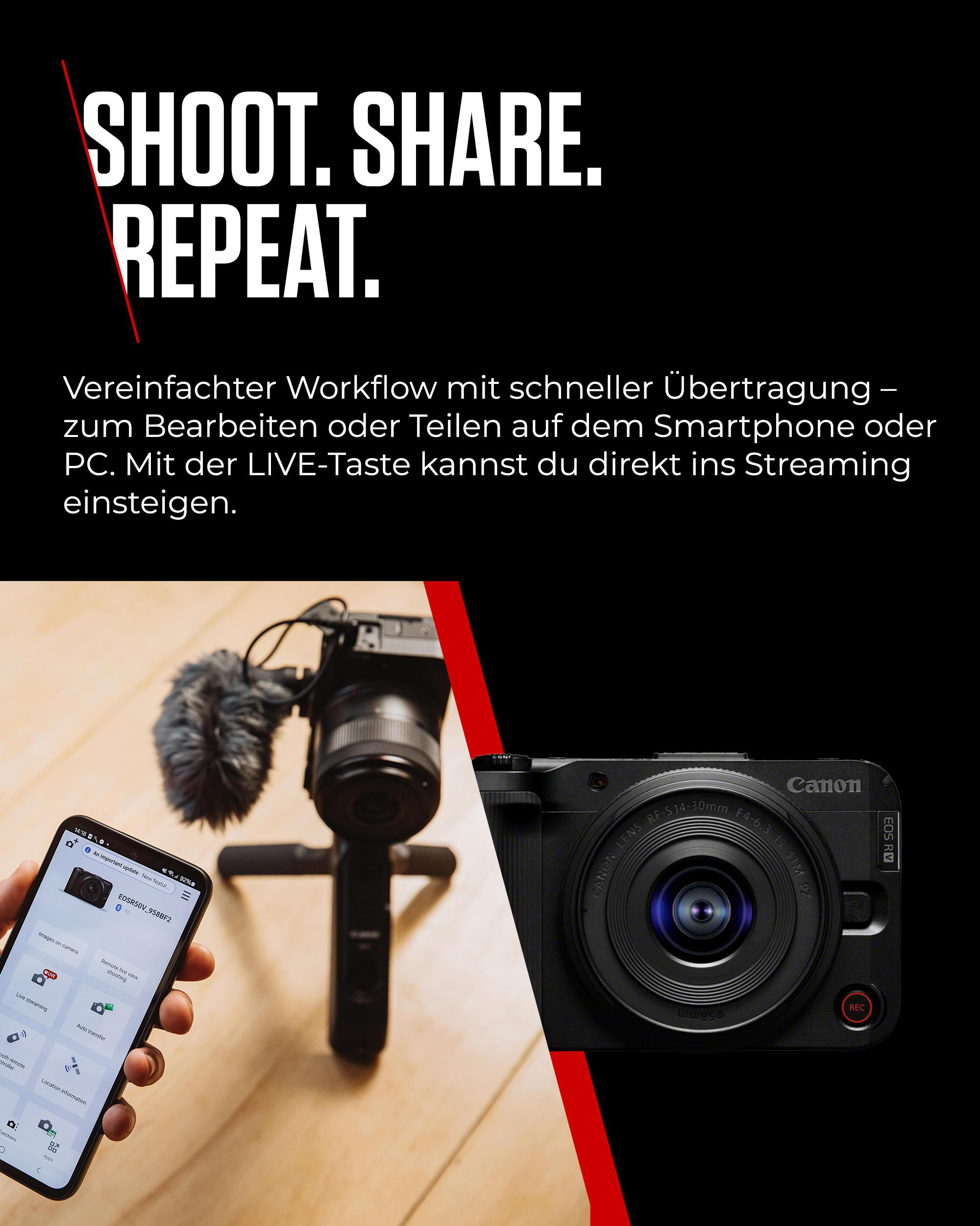 Kamera mit Smartphone und Text: Shoot. Share. Repeat. Eine Canon-Kamera und ein Telefonbildschirm sind sichtbar.