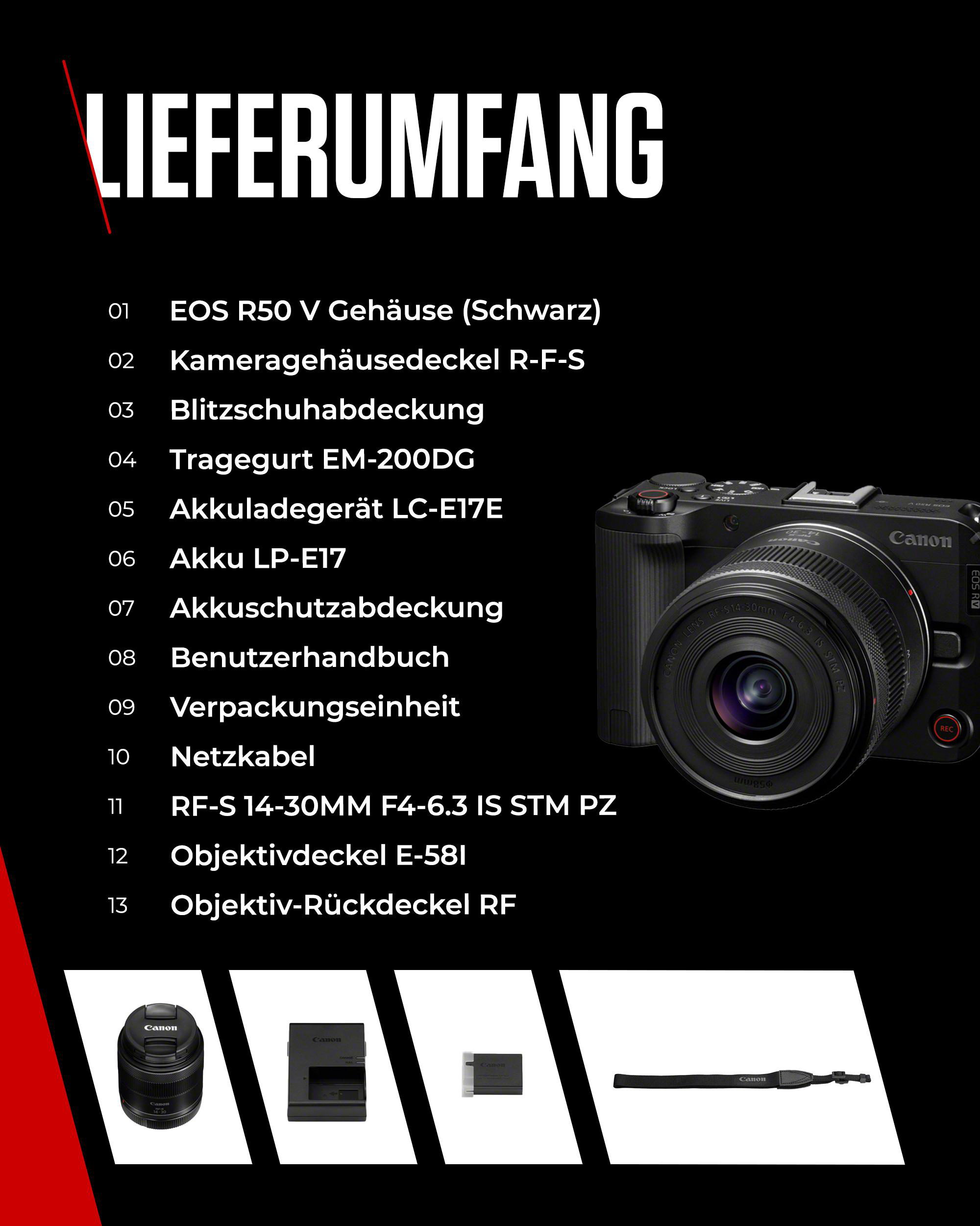 Schwarze Canon Kamera mit Objektiv. Zubehör umfasst Ladegerät, Akku, Gurt und Objektivdeckel, auf schwarzem Hintergrund.