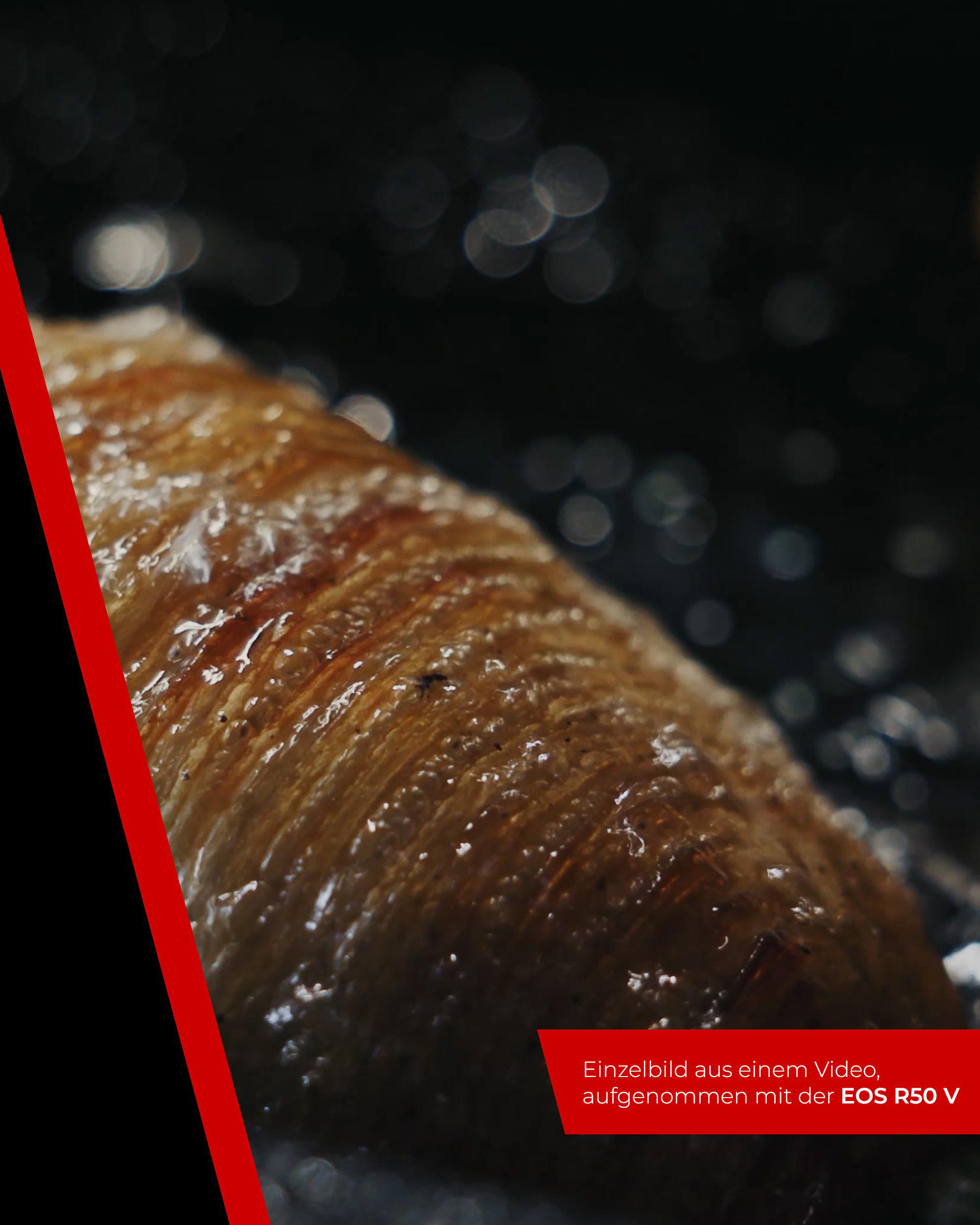 Nahaufnahme eines goldbraunen, strukturierten Gebäckstücks mit glänzender Oberfläche. Ein roter und schwarzer Diagonstreifen ist in der Ecke.