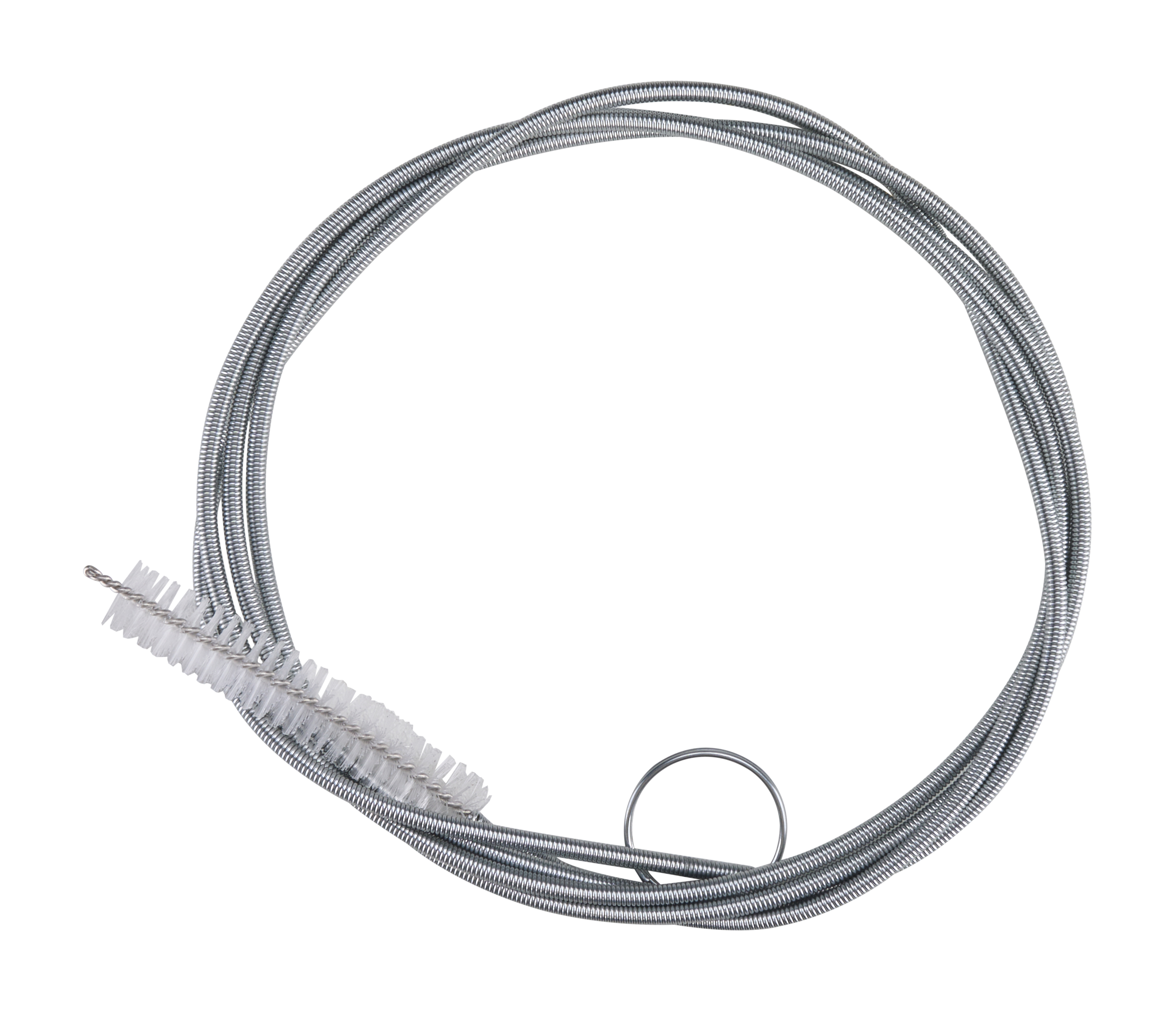 Ein gewendeltes Werkzeug zur Rohrreinigung. Es hat ein spiralförmiges Metallkabel, eine Bürste und einen Ring.