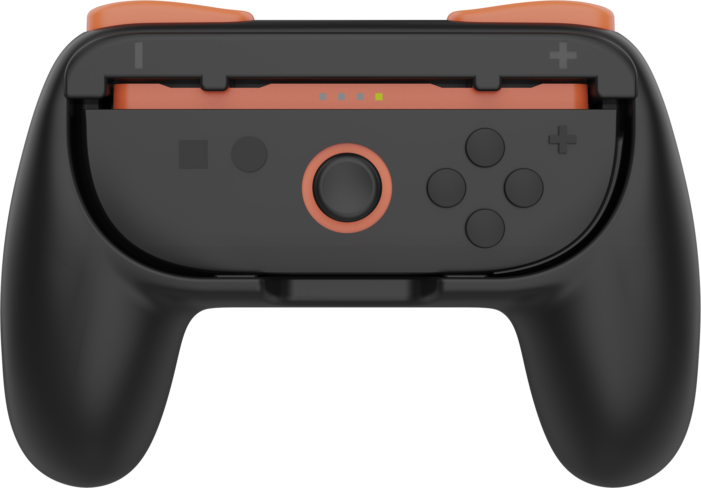 Ein schwarz-orangener Gamecontroller. Er hat Tasten, einen Joystick und ein kreuzförmiges Steuerkreuz. Der Hintergrund ist grau.