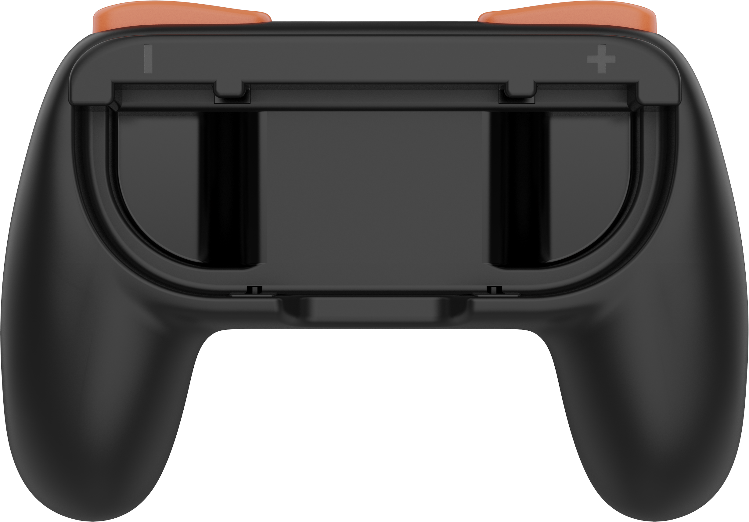 Ein schwarzer Gamecontroller mit orangefarbenen Tasten, Plus- und Minuszeichen, auf grauem Hintergrund.