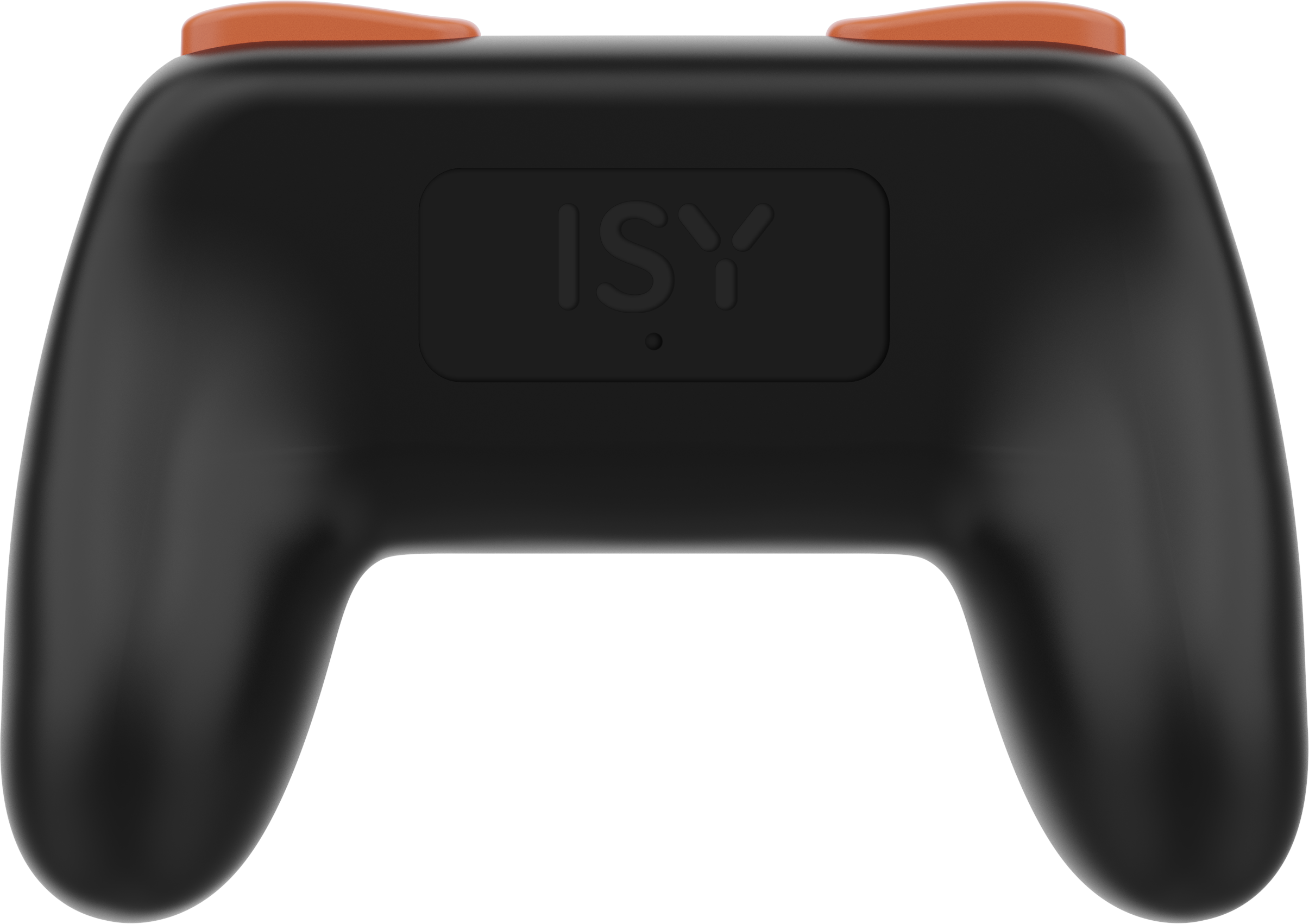 Schwarzes Gamepad mit orangefarbenen Knöpfen, in der Mitte steht 'ISY'. Grauer Hintergrund.