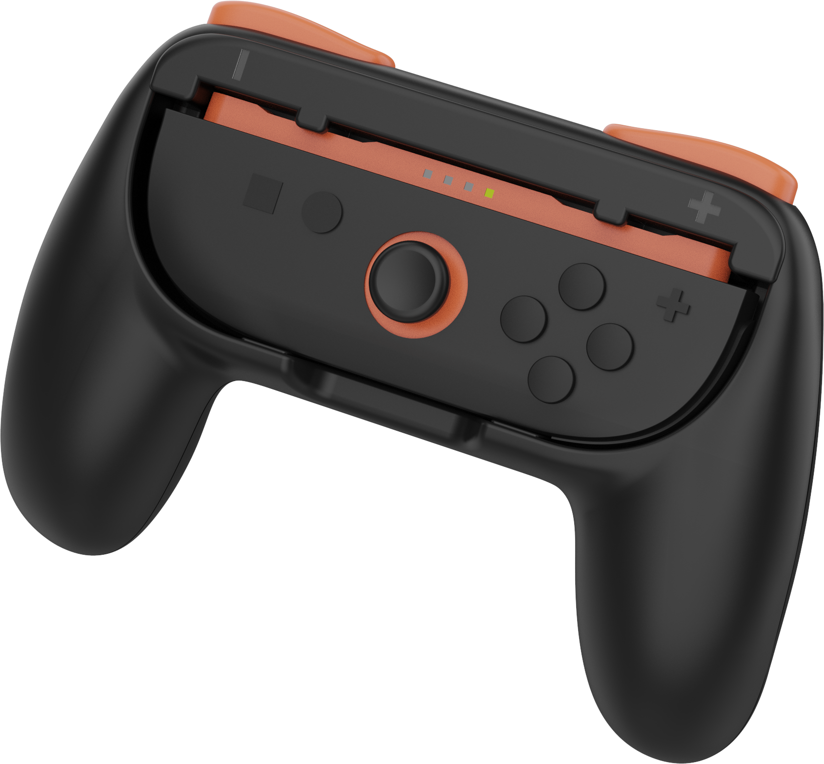 Schwarz-oranger Game-Controller mit Knöpfen und Joystick. Der Hintergrund ist grau.