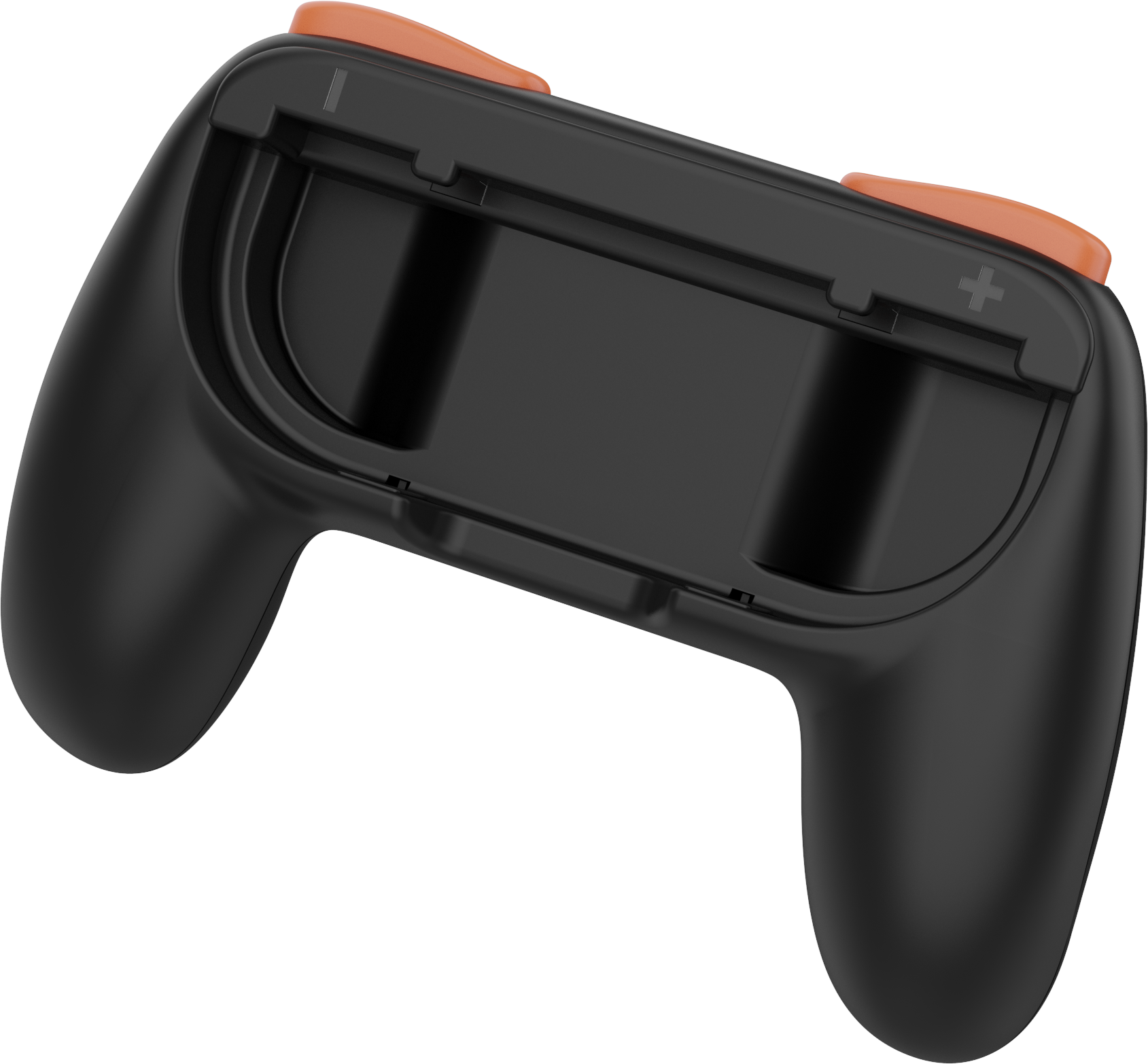 Ein schwarzer Gamecontroller mit orangefarbenen Knöpfen. Er hat einen Schlitz in der Mitte. Der Hintergrund ist schlicht grau.