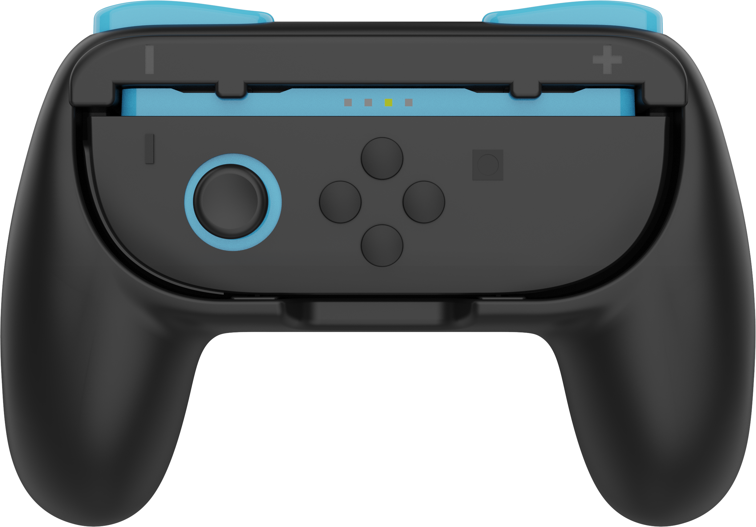 Ein schwarzer Gamecontroller mit blauen Akzenten. Er hat Knöpfe, einen Joystick und einen Steckplatz.
