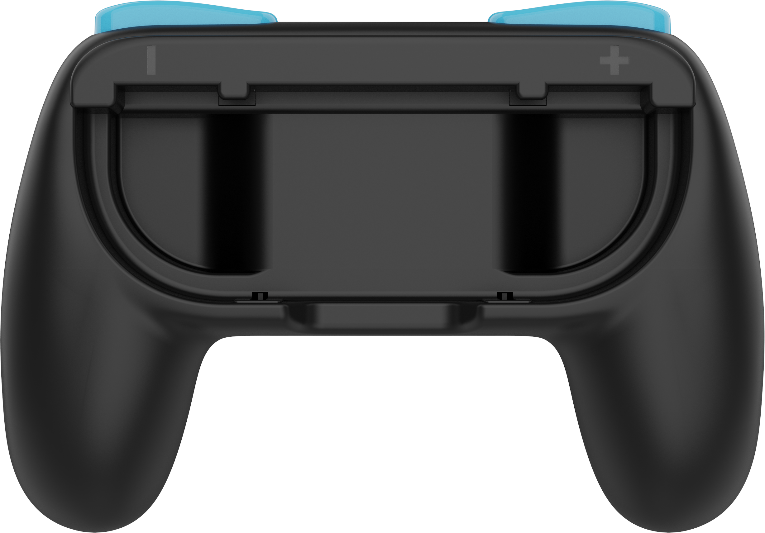 Schwarzer Gamecontroller mit blauen Knöpfen. Hat einen zentralen Schlitz und zwei Griffe auf grauem Hintergrund.
