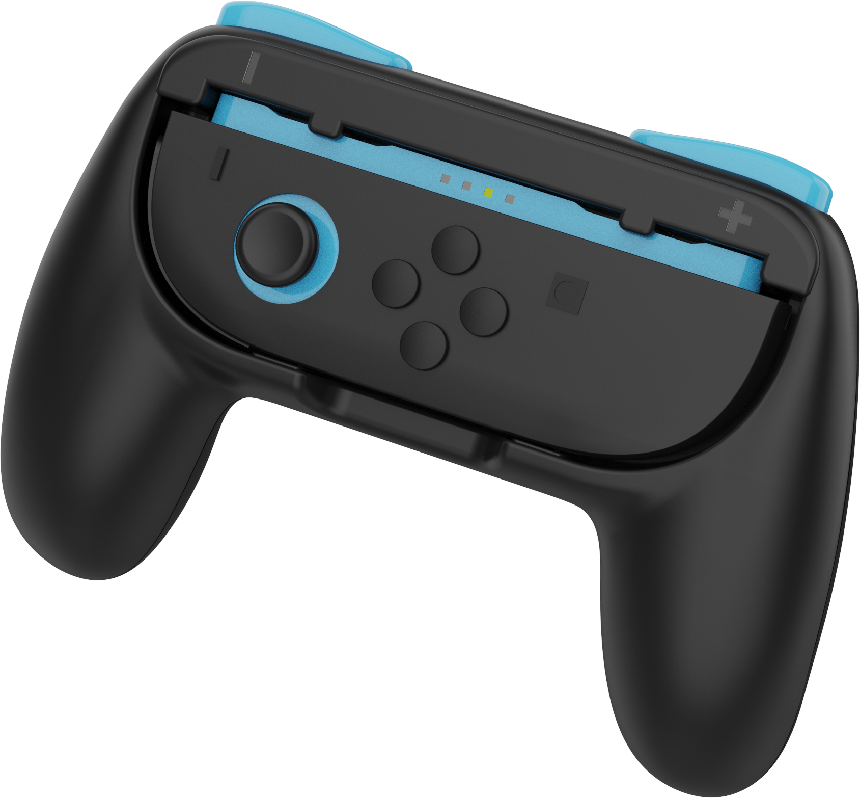 Schwarzer Gamecontroller mit blauen Akzenten. Mit Knöpfen, einem Joystick und einem Pluszeichen auf grauem Hintergrund.