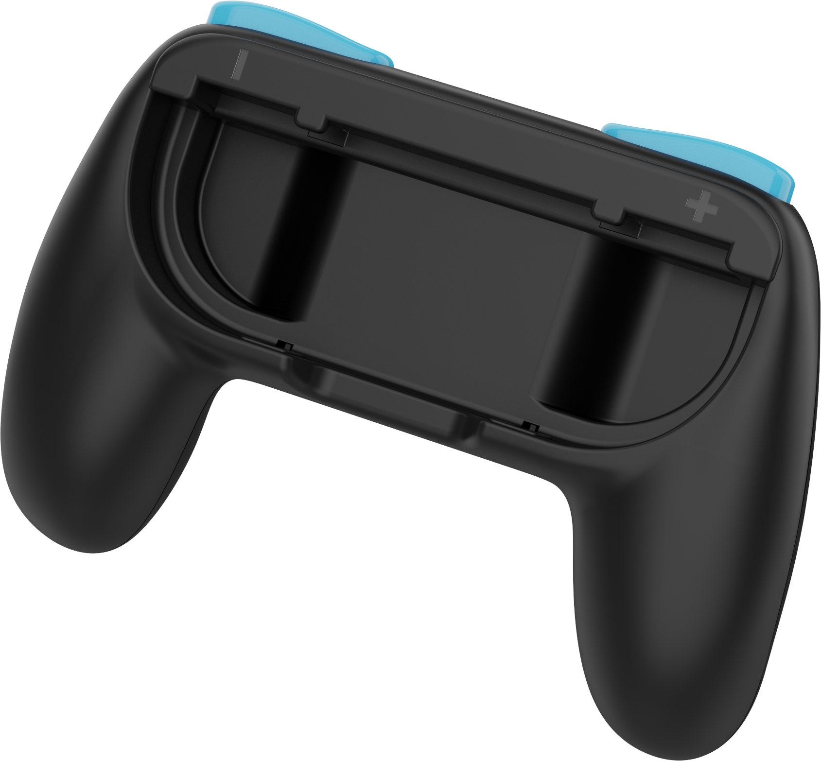 Schwarzer Gamecontroller mit blauen Knöpfen, angewinkelt. Verfügt über Schlitze, ein Plus- und ein Minuszeichen.