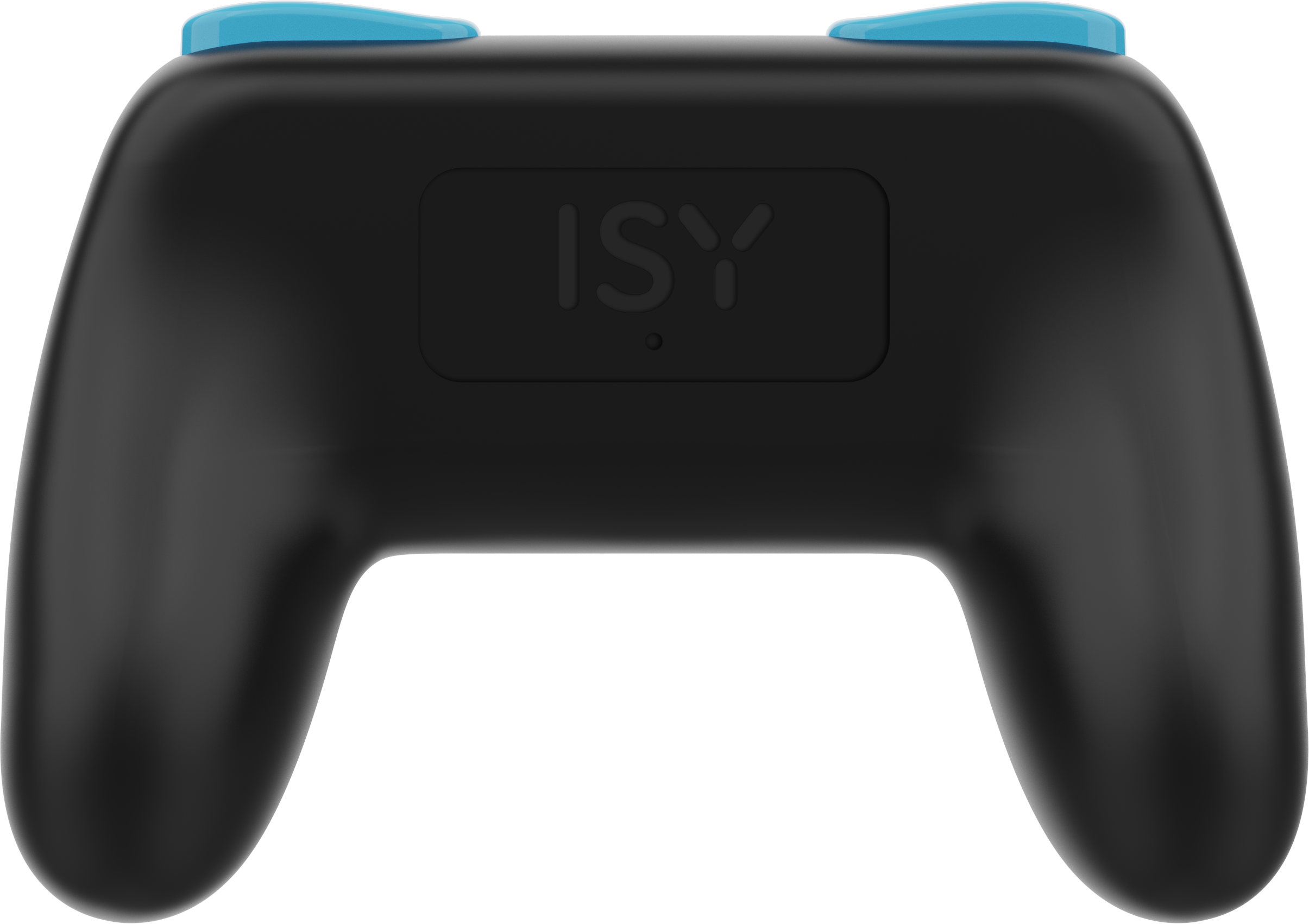 Ein schwarzer Gamecontroller mit blauen Knöpfen, das Wort 'ISY' ist sichtbar, und er befindet sich auf grauem Hintergrund.