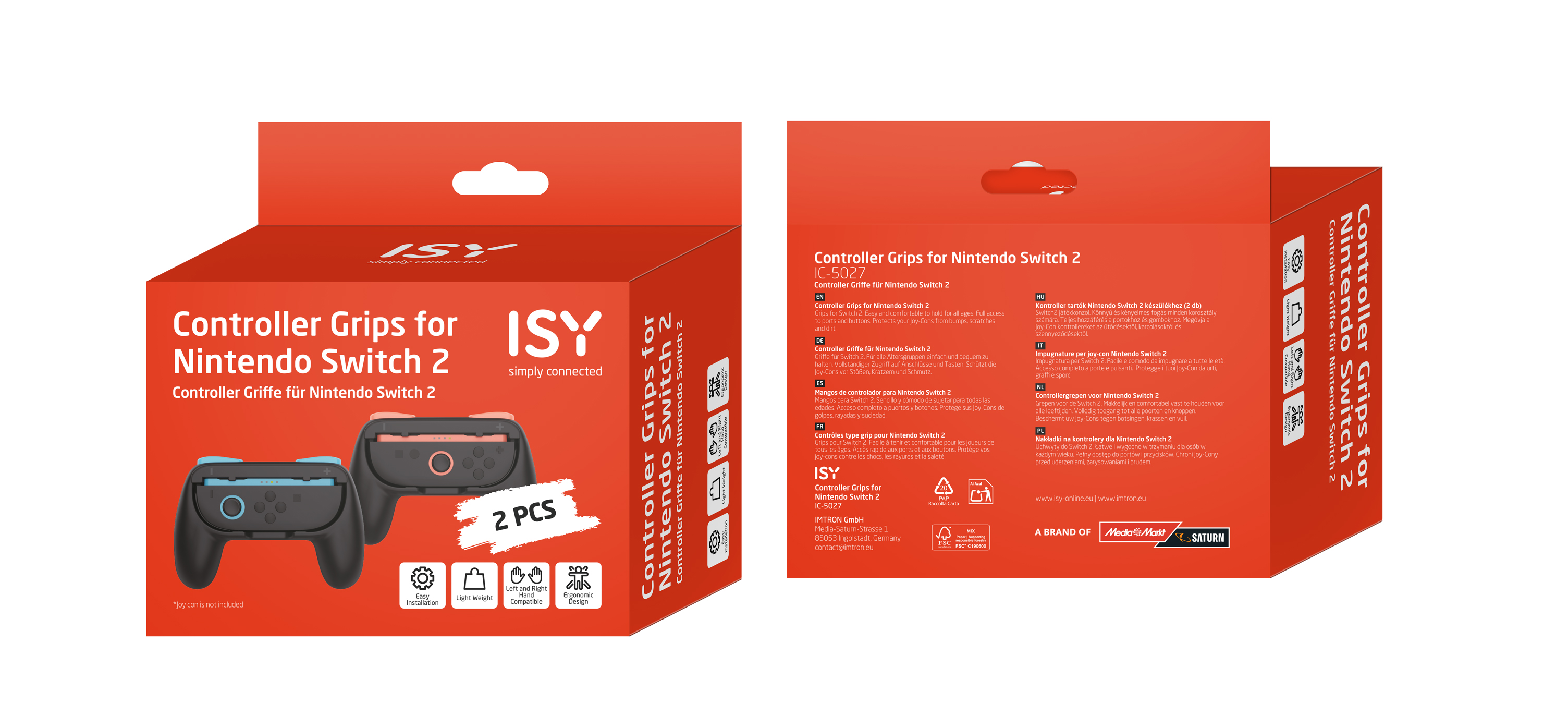 Rote und schwarze Box mit Controller-Griffen für Nintendo Switch 2. Zwei Controller sind sichtbar.