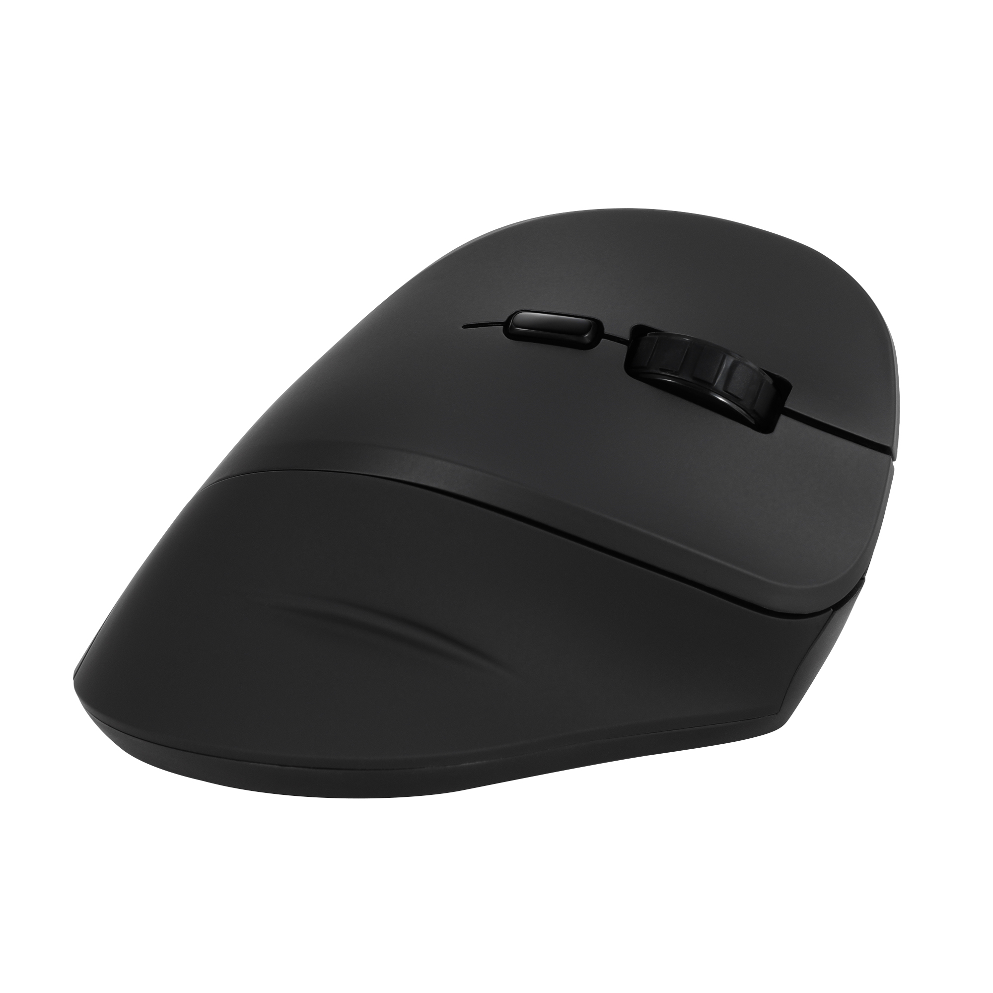 Eine schwarze ergonomische Maus. Sie hat ein geschwungenes Design mit Tasten und einem Scrollrad. Weißer Hintergrund.