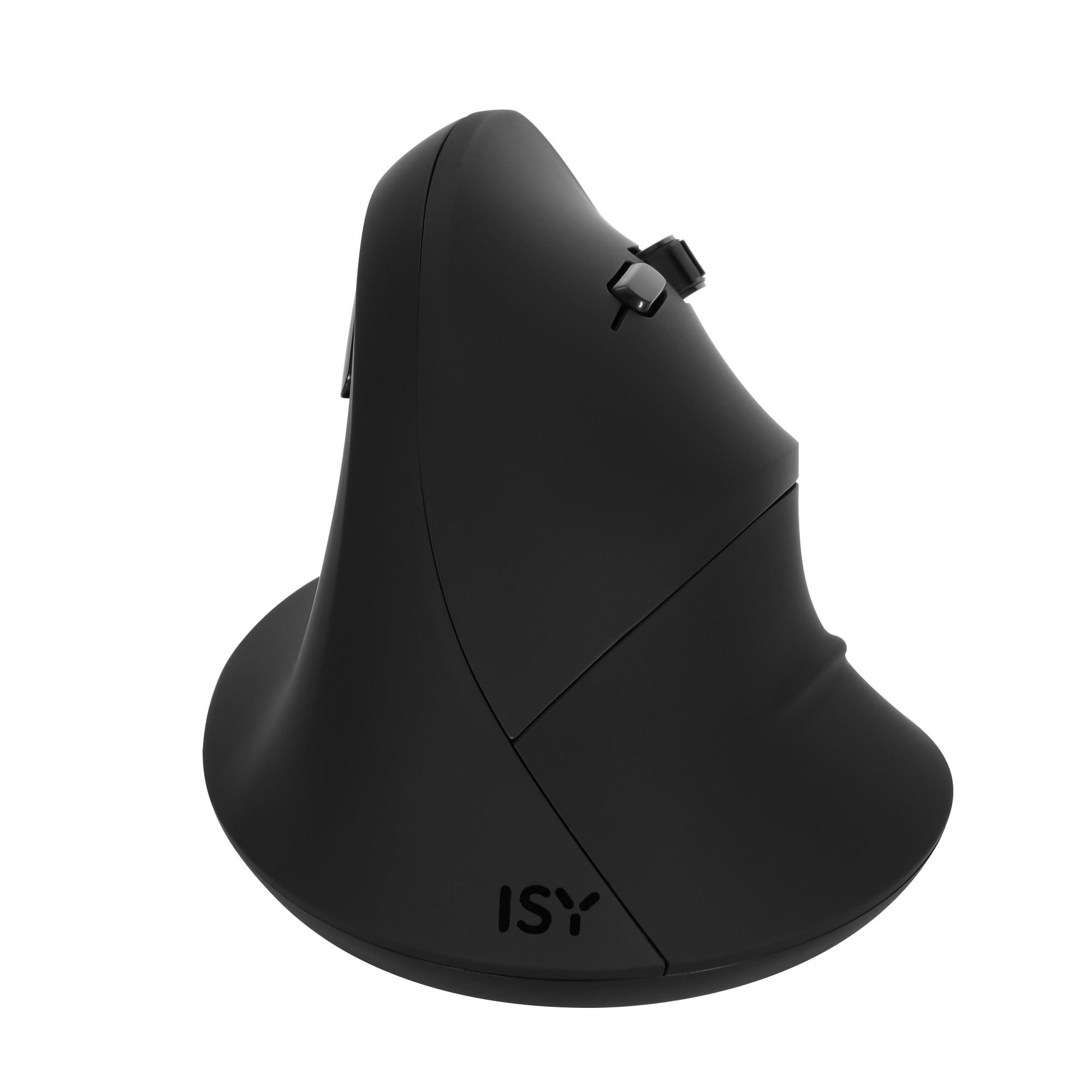 Eine schwarze ergonomische Vertikalmaus auf weißem Hintergrund. Es hat Knöpfe und die Marke ISY.