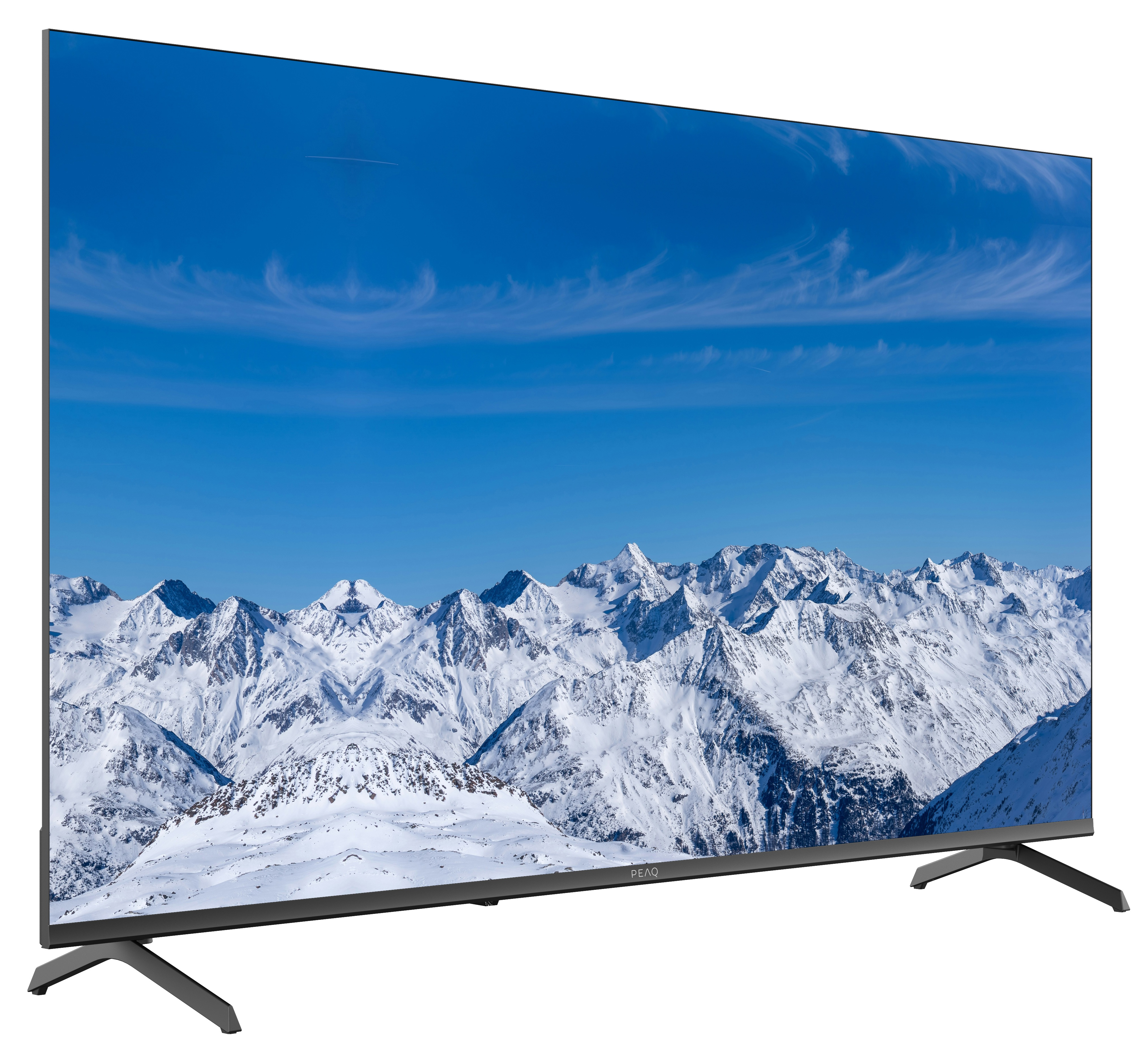 Telewizor wyświetla ośnieżone pasmo górskie pod błękitnym niebem. Telewizor stoi na czarnych nóżkach.