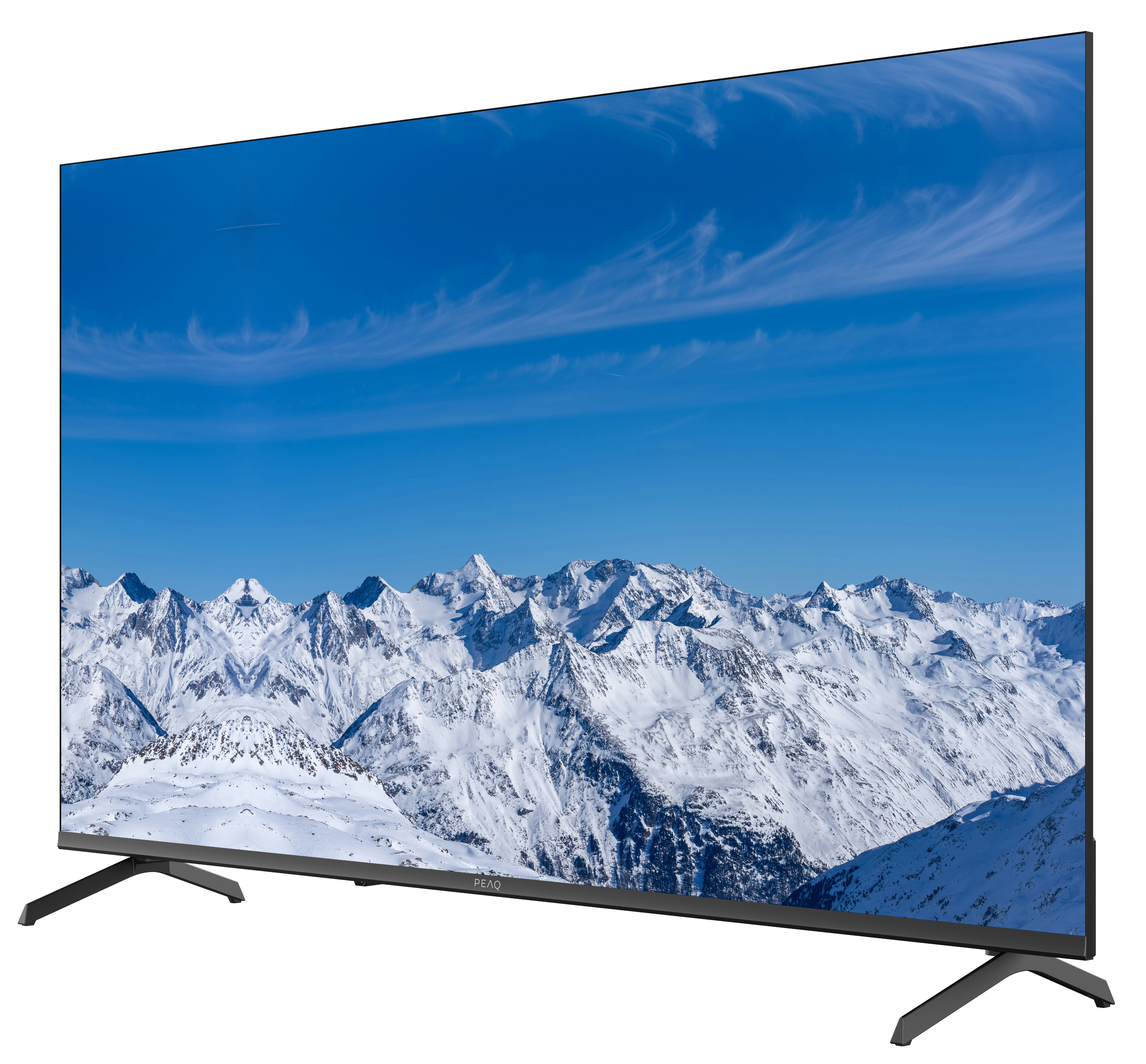 Telewizor wyświetla zaśnieżony łańcuch górski na tle błękitnego nieba. Telewizor jest czarny, z czarnymi nogami. Marka to PEAQ.
