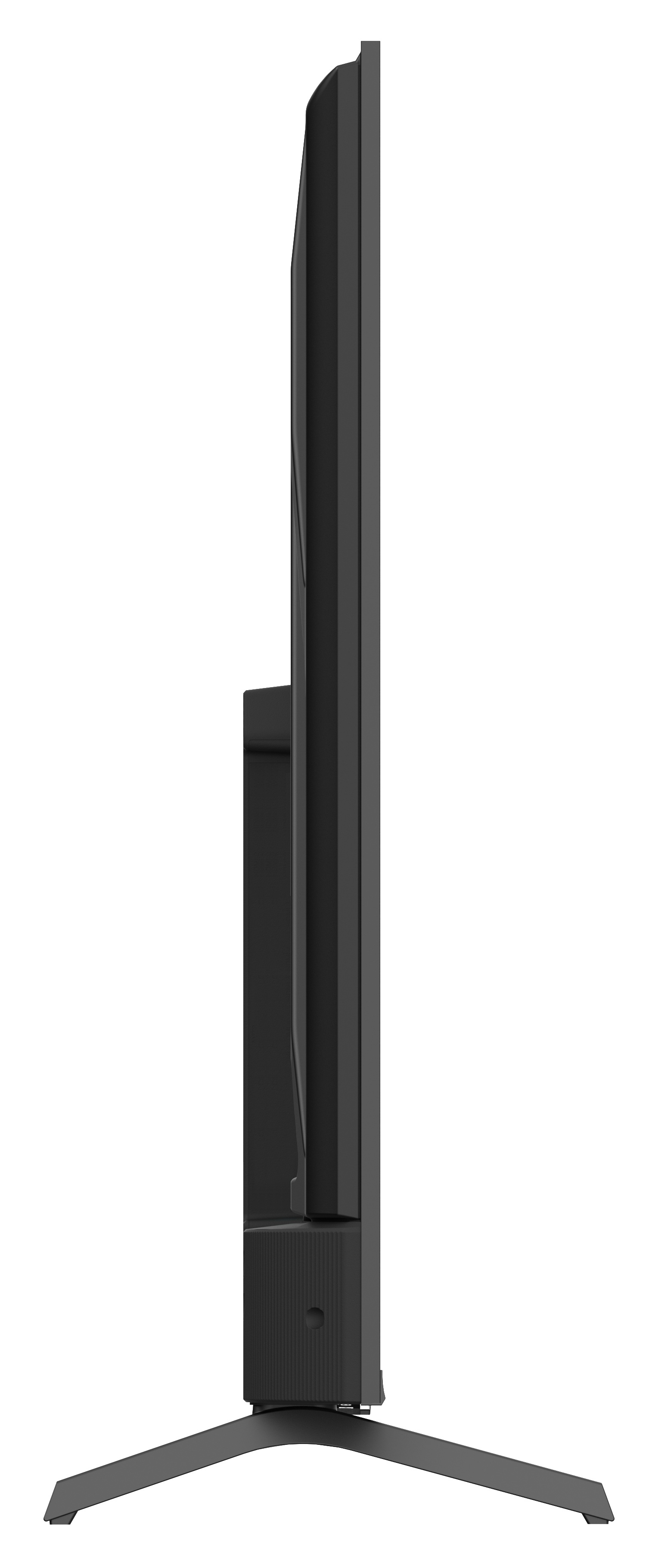 Widok z boku czarnego telewizora, ze stojakiem i ciemnoszarą ramką, na białym tle.