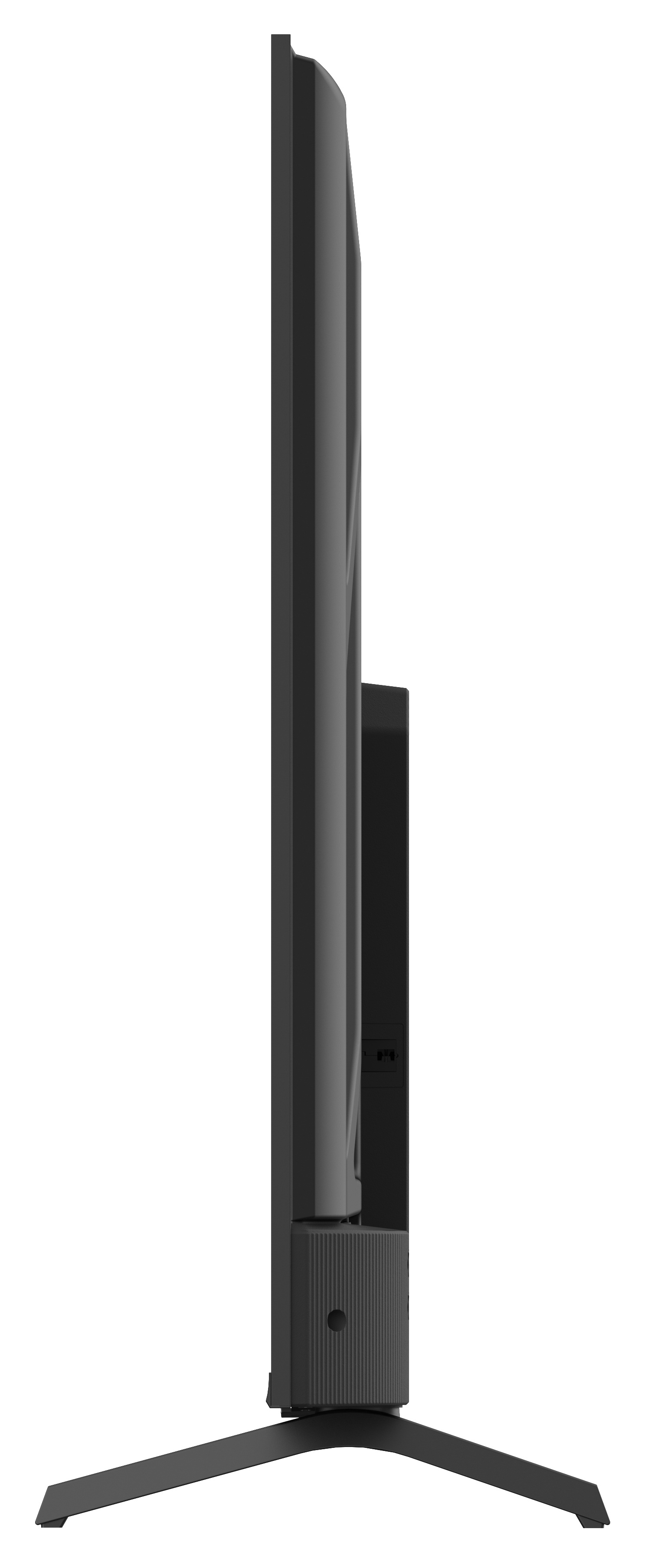 Widok z boku czarnego telewizora. Ma cienką ramkę, prostokątną podstawę i podstawę na dole. Tło jest białe.