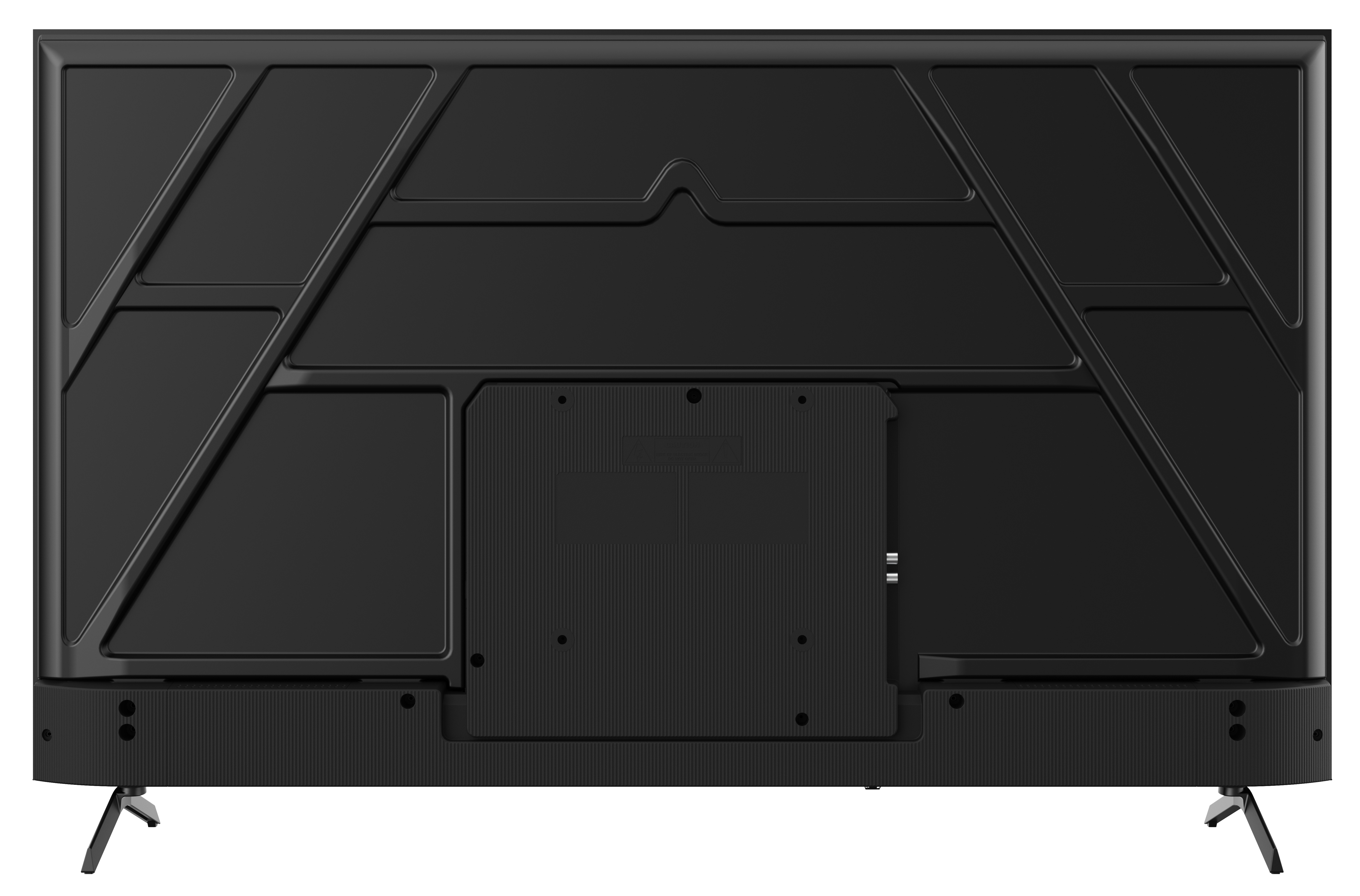 Tył czarnego telewizora z geometrycznym wzorem, dwoma nóżkami i teksturowanymi panelami.
