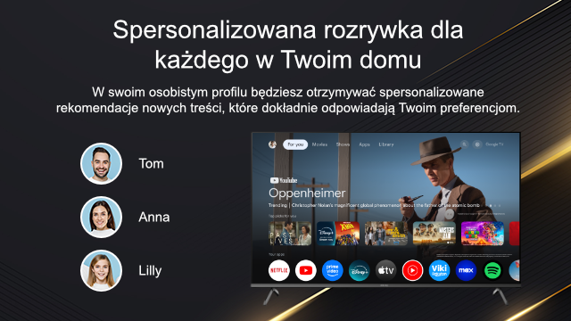Obraz przedstawia telewizor z filmem na ekranie. Wyświetlane są profile Toma, Anny i Lilly. Tekst promuje spersonalizowaną rozrywkę.