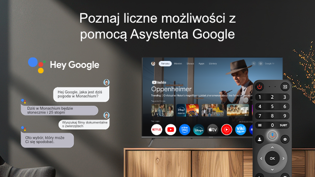 Telewizor wyświetla film "Oppenheimer". Pilot znajduje się na pierwszym planie. Wyświetlany jest również Asystent Google.
