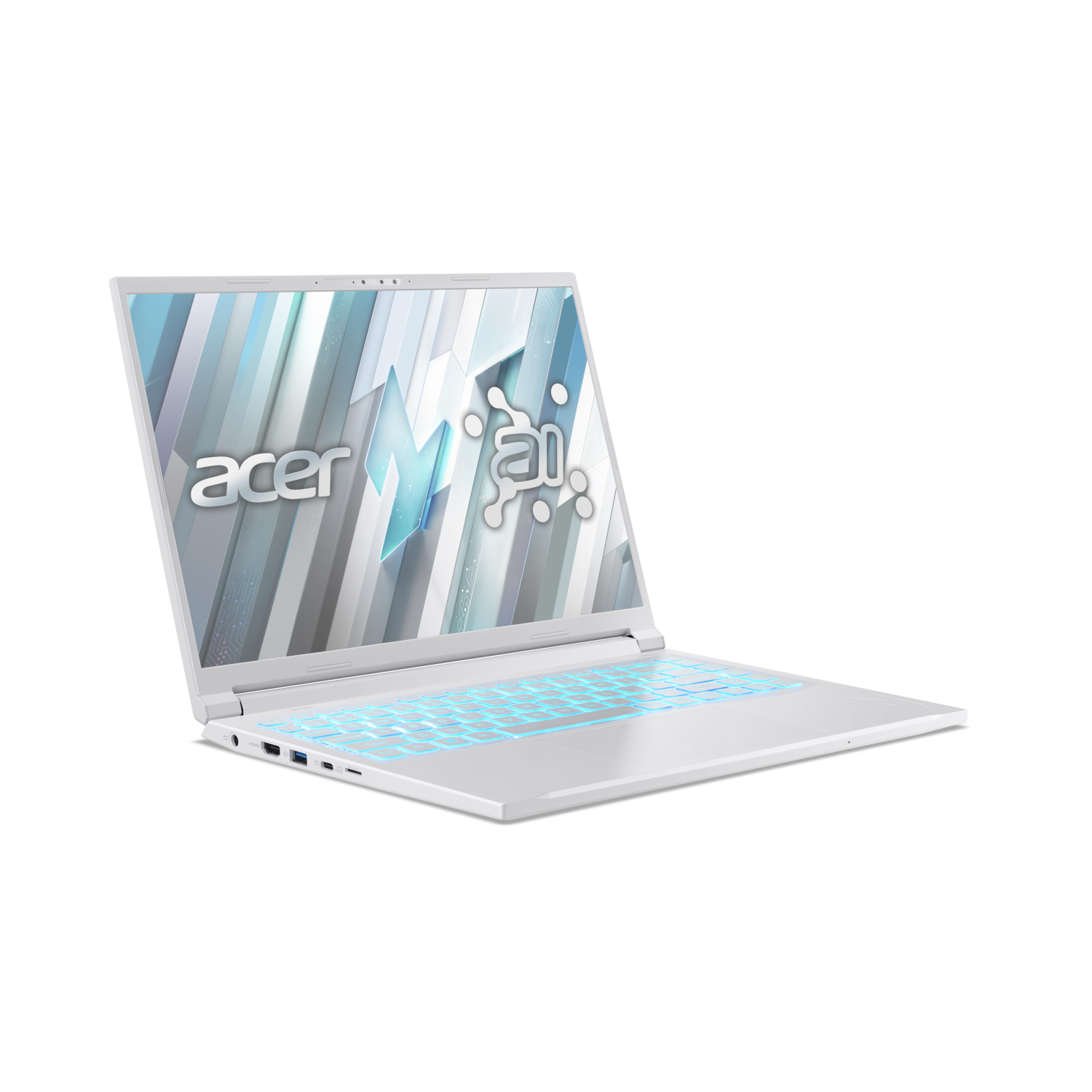 White Acer laptop with a bright screen and glowing blue keyboard. The screen displays 'acer ai'. The background is black.