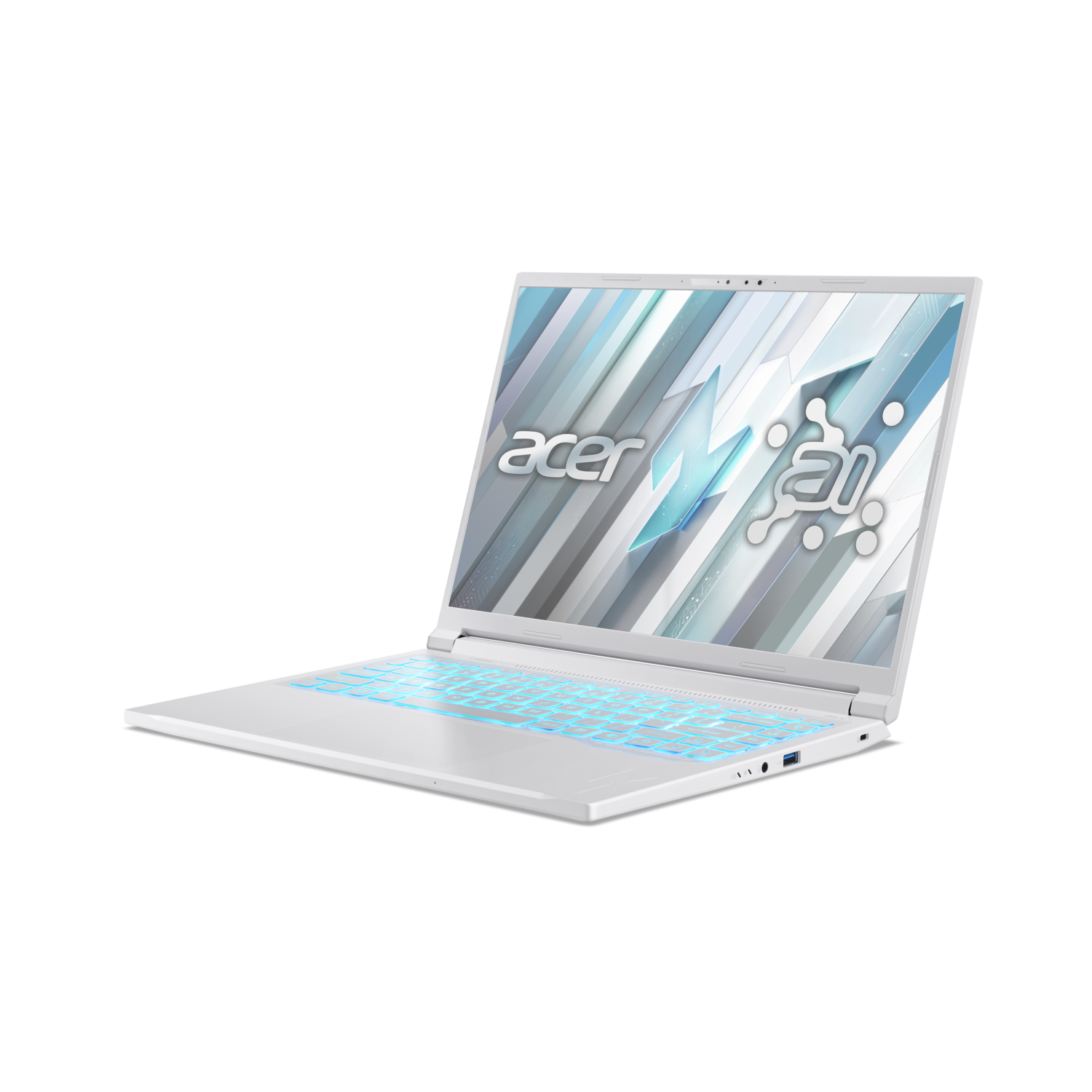 A white Acer laptop with a glowing blue keyboard. The screen displays the Acer logo and an 'ai' graphic.