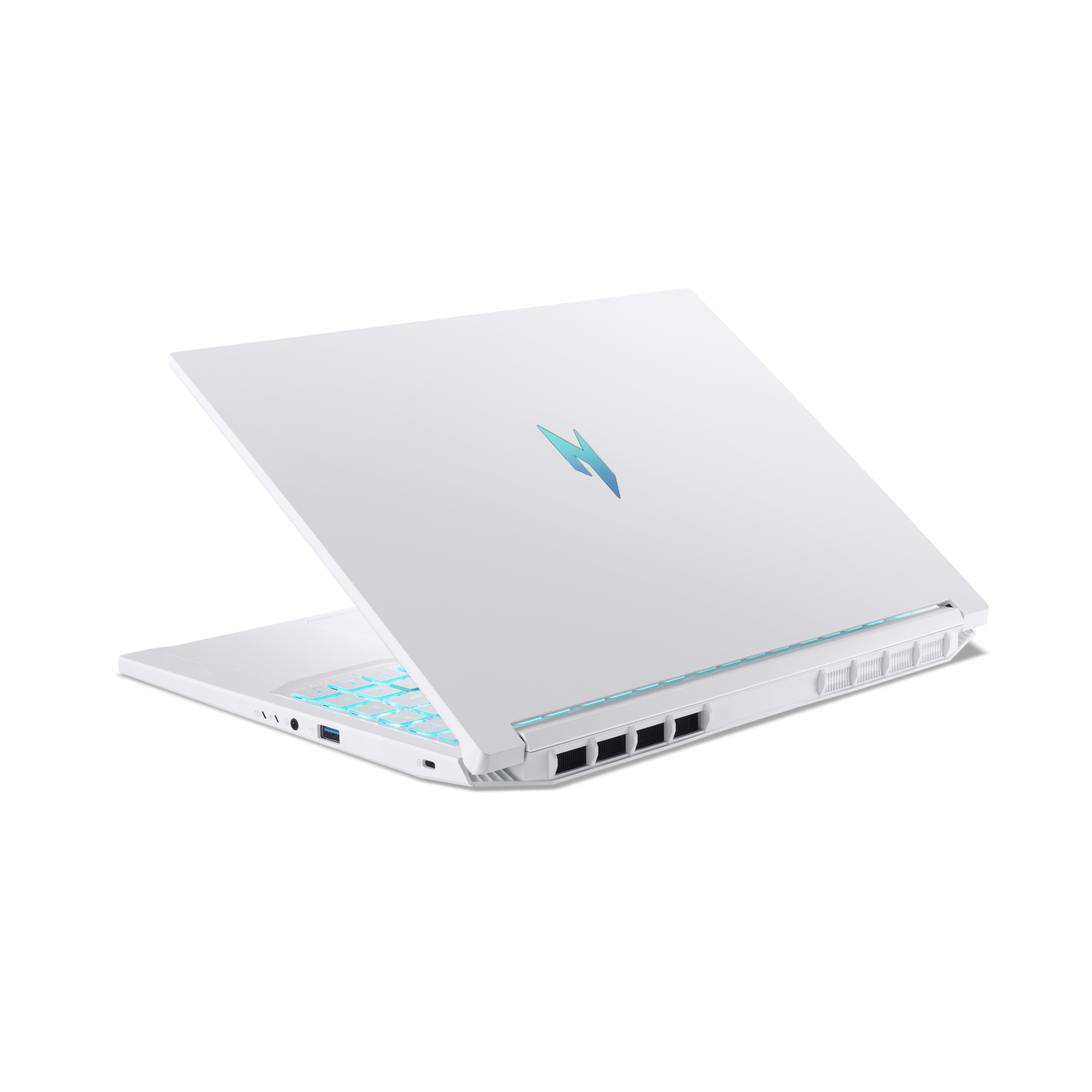 A white laptop is open, showing the keyboard with blue lights. The laptop's lid has a blue logo. The background is black.