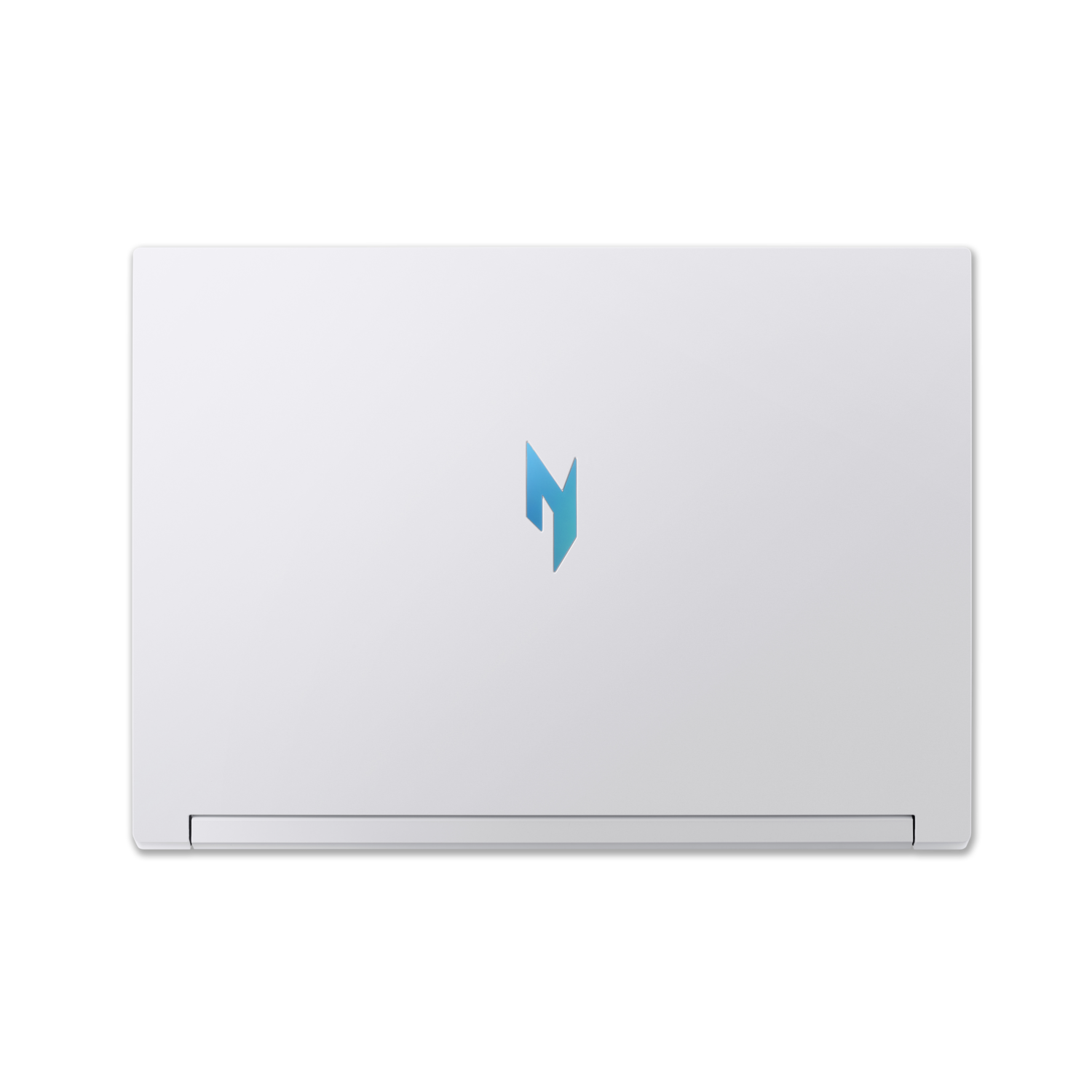White laptop top view with a blue logo. The background is black.