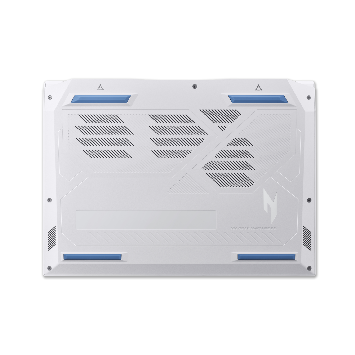 White laptop base with blue accents, ventilation, and a logo. Text reads 'VICTORY STARTS HERE'.